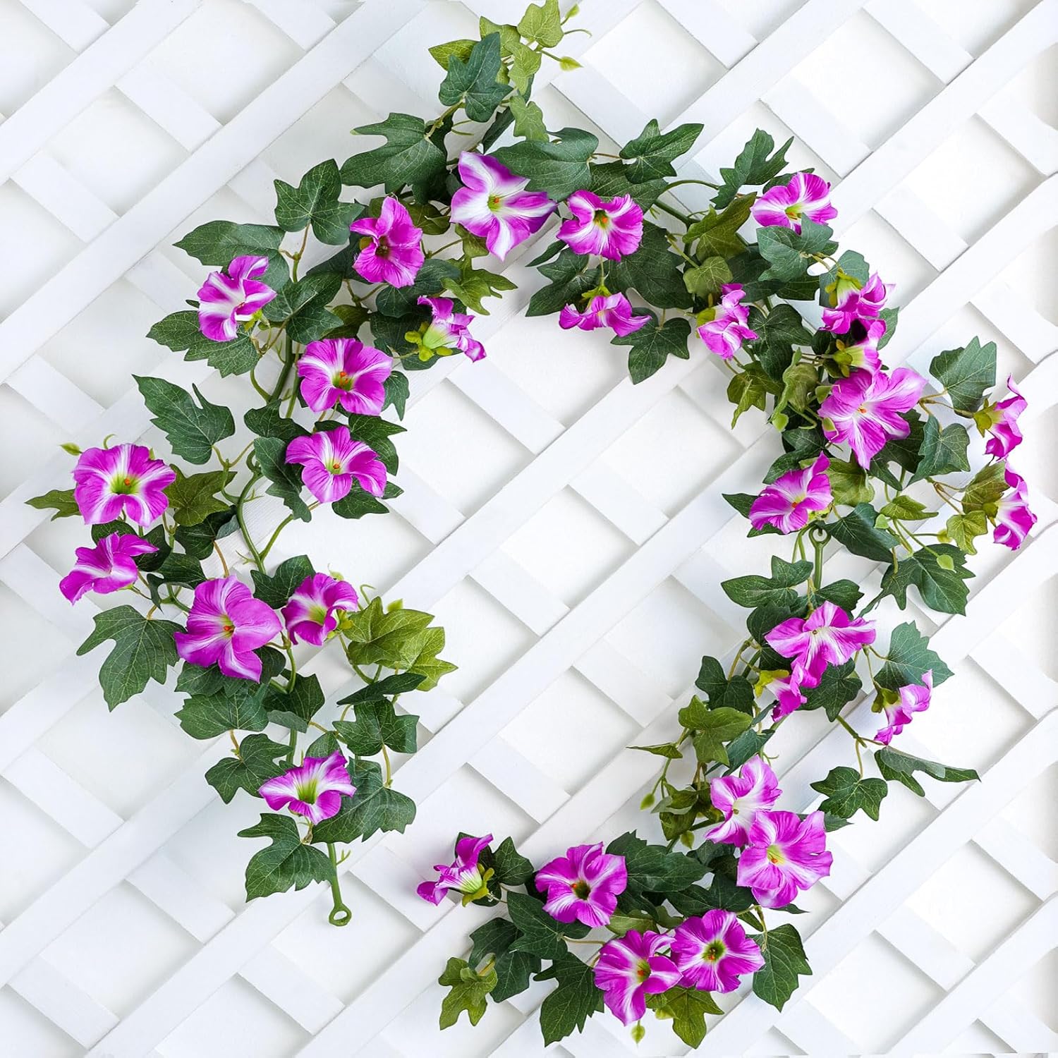 mizii Artificial Petunias Flower Vines Garland 6 Feet Purple Faux Morning Glory Silk Flowers Garland UV Resistant Fake Hanging Vines Plants Decorations for Outdoor Garden Indoor Home Decor (Purple)