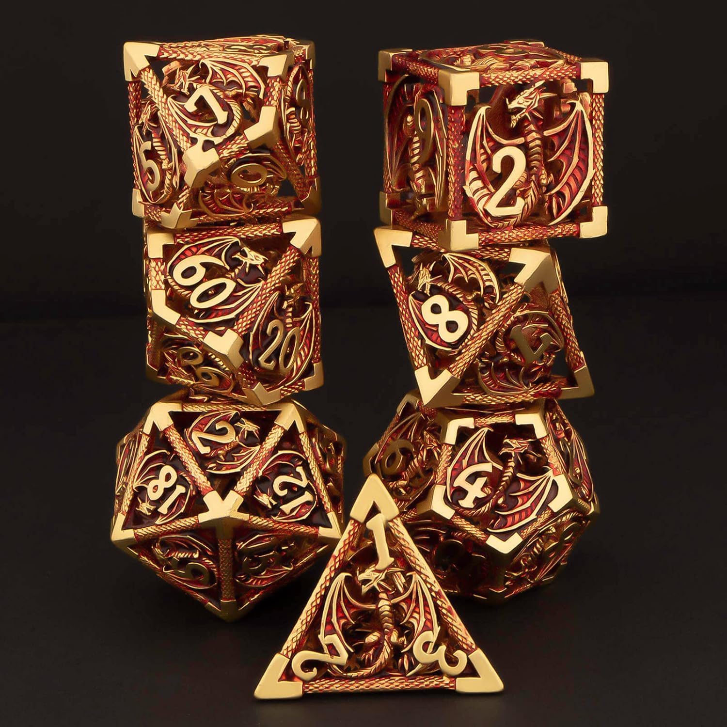 KERWELLSI Hollow DND Dice Set D&D with Gifts Box, 7pcs Polyhedral Metal D and D Dice for Role Playing Game, Dungeon Dragon Dice D20 D12 D10 D8 D6 D4 (Red)