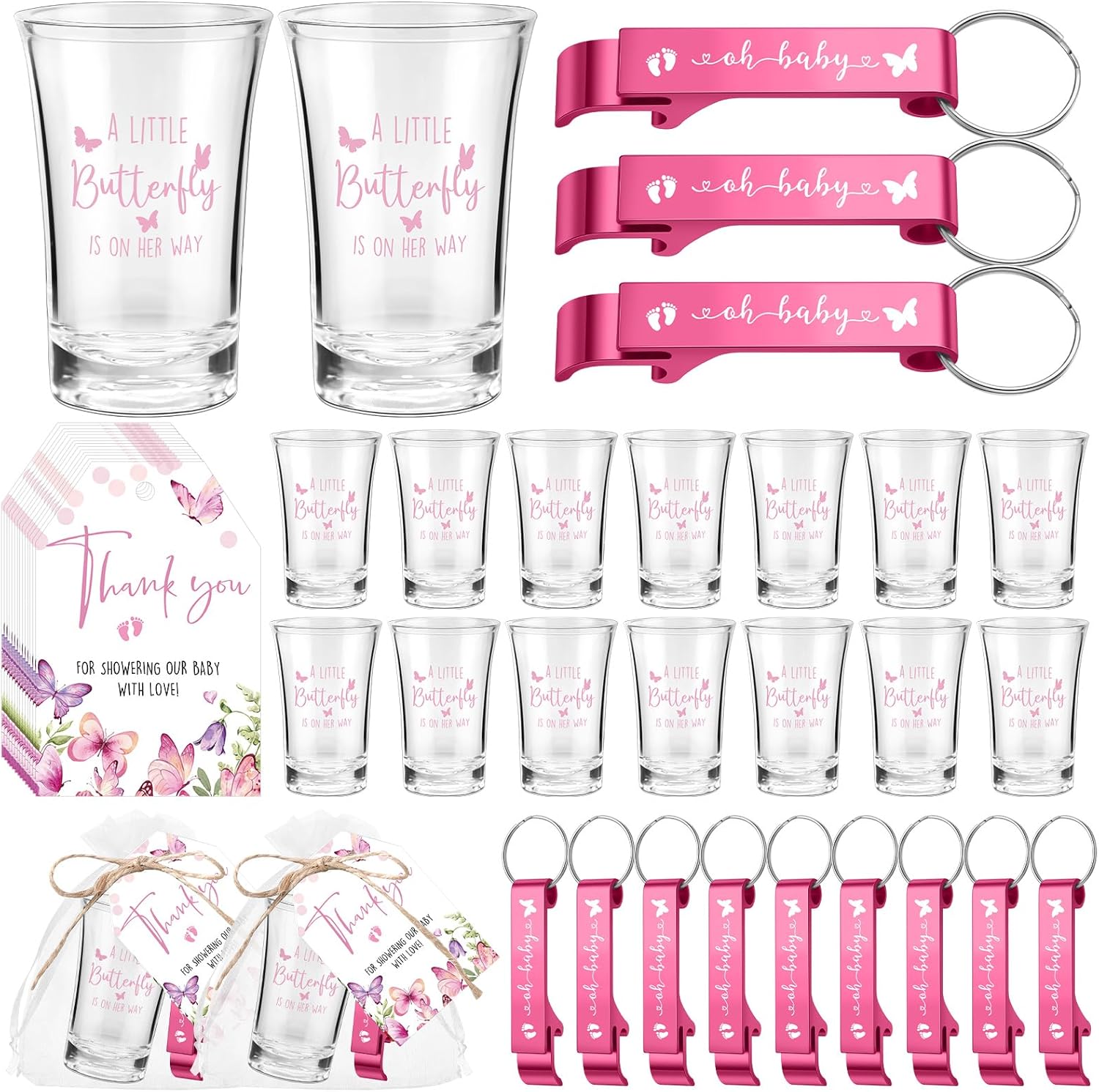 50 Sets Baby Shower Favor for Guests Acrylic Shot Glasses with Bottle Opener Keychains Thank You Tags and Bags Gender Reveal Party Favors for Guest Baby Shower Return Gift (Butterfly)
