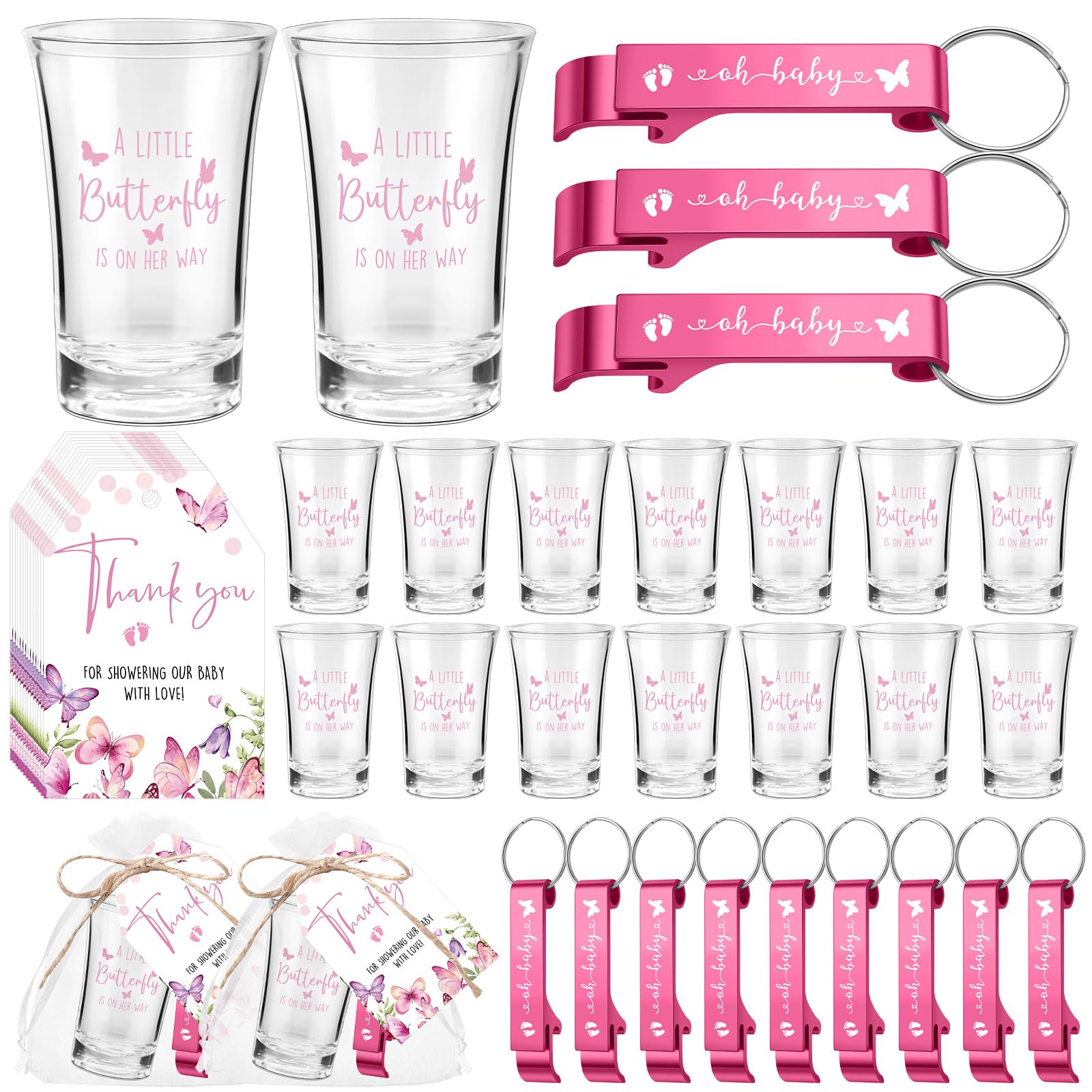 Singhoow 50 Sets Baby Shower Favor for Guests Acrylic Shot Glasses with Bottle Opener Keychains Thank You Tags and Bags Gender Reveal Party Favors for