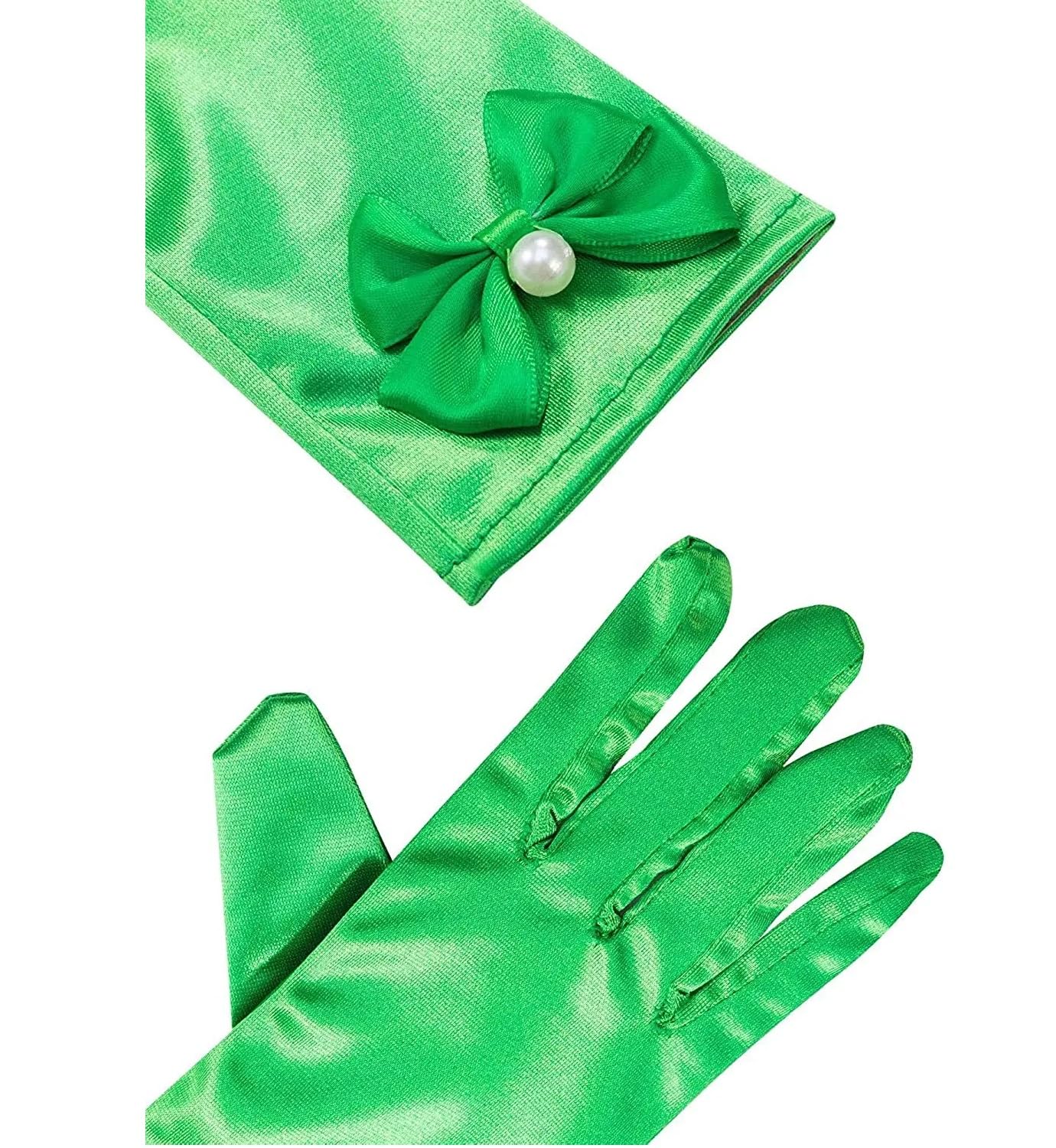 TASMAI MARKETING Girls Satin Gloves with Bow and Pearl Embelishment, Girls Party Accessories, 4Years -14Years, Multi-Color (Green, Small(4-14 Years))