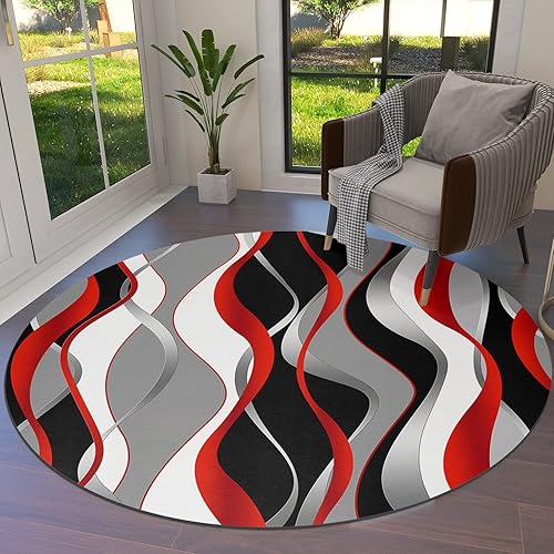 Geometry - Alfombra redonda roja y negra de 3 pies, lavable para interiores y exteriores, para dormitorio, cocina, baño, sala de estar, oficina,