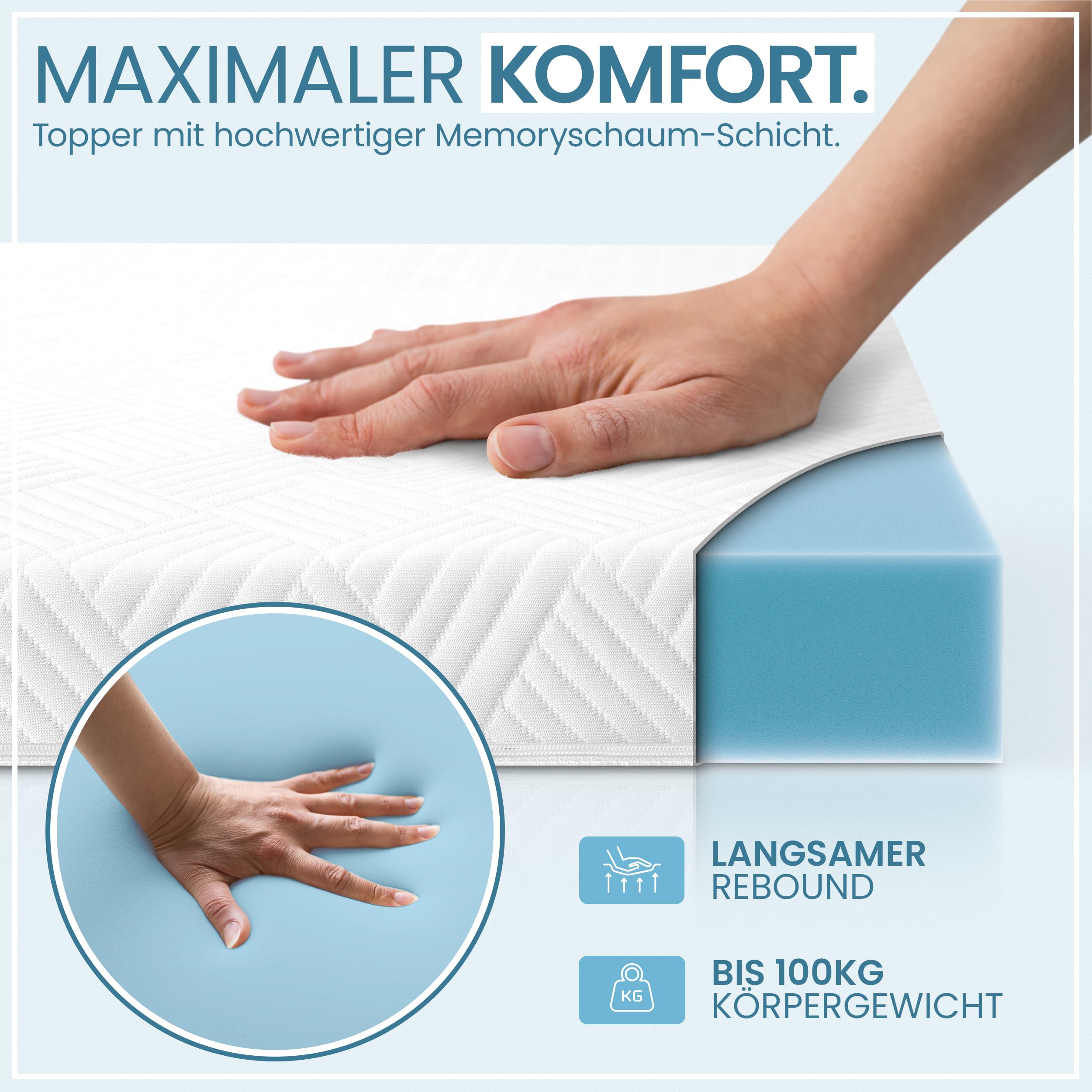 Hochwertiger Topper 100x200cm 5cm hoch - Matratzentopper mit weicher, kühlender Gel-Memoryschicht bis 100 kg - Ökotex 100 Zertifiziert - Bezug atmungsaktiv & waschbar