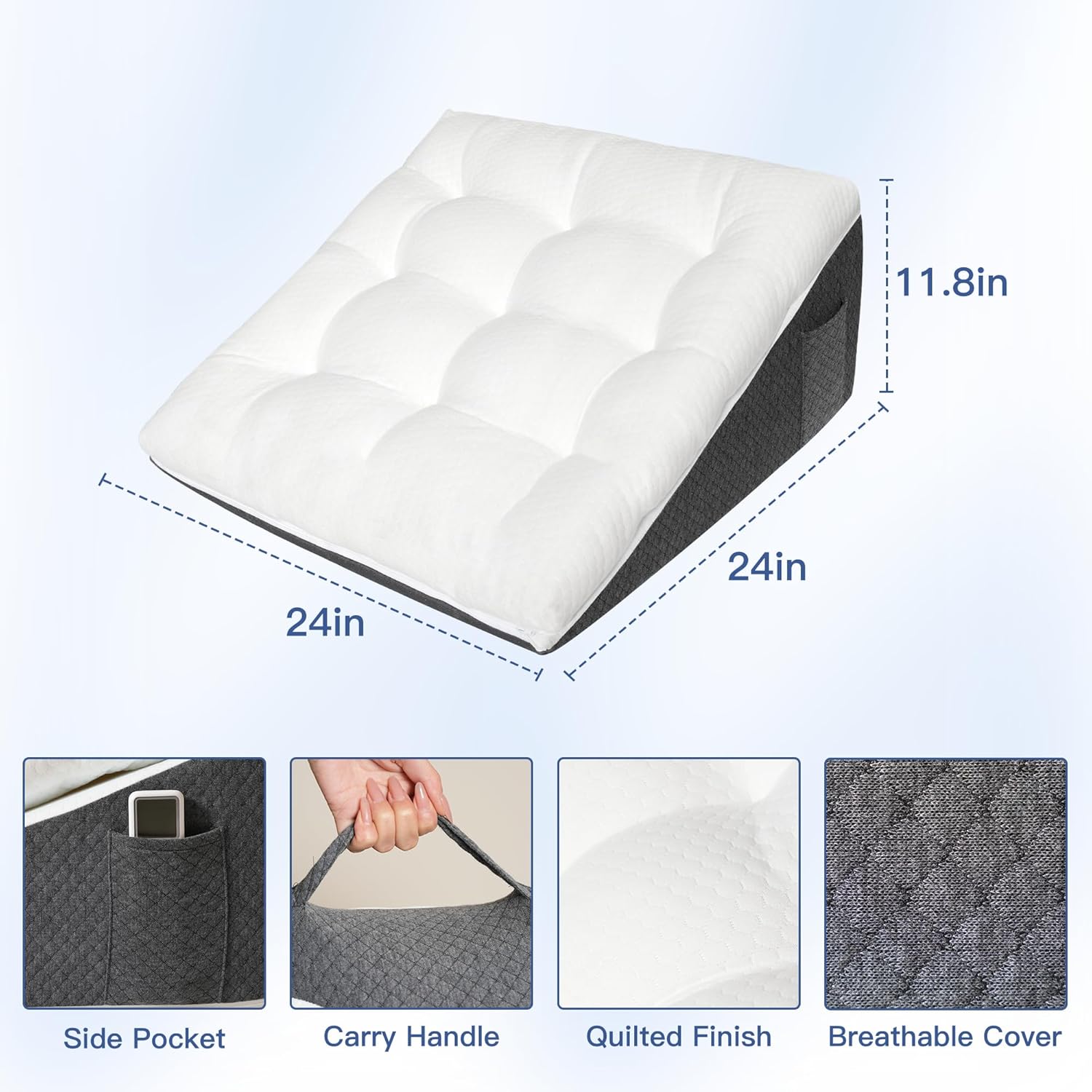 Bed Wedge Pillow for Sleep Apnea 12 Inch - Dual Layer Triangle Pillow with Soft PP Cotton Topper, Ideal Headboard Pillow for Post-Surgery Recovery, Snoring & Back Pain Relief