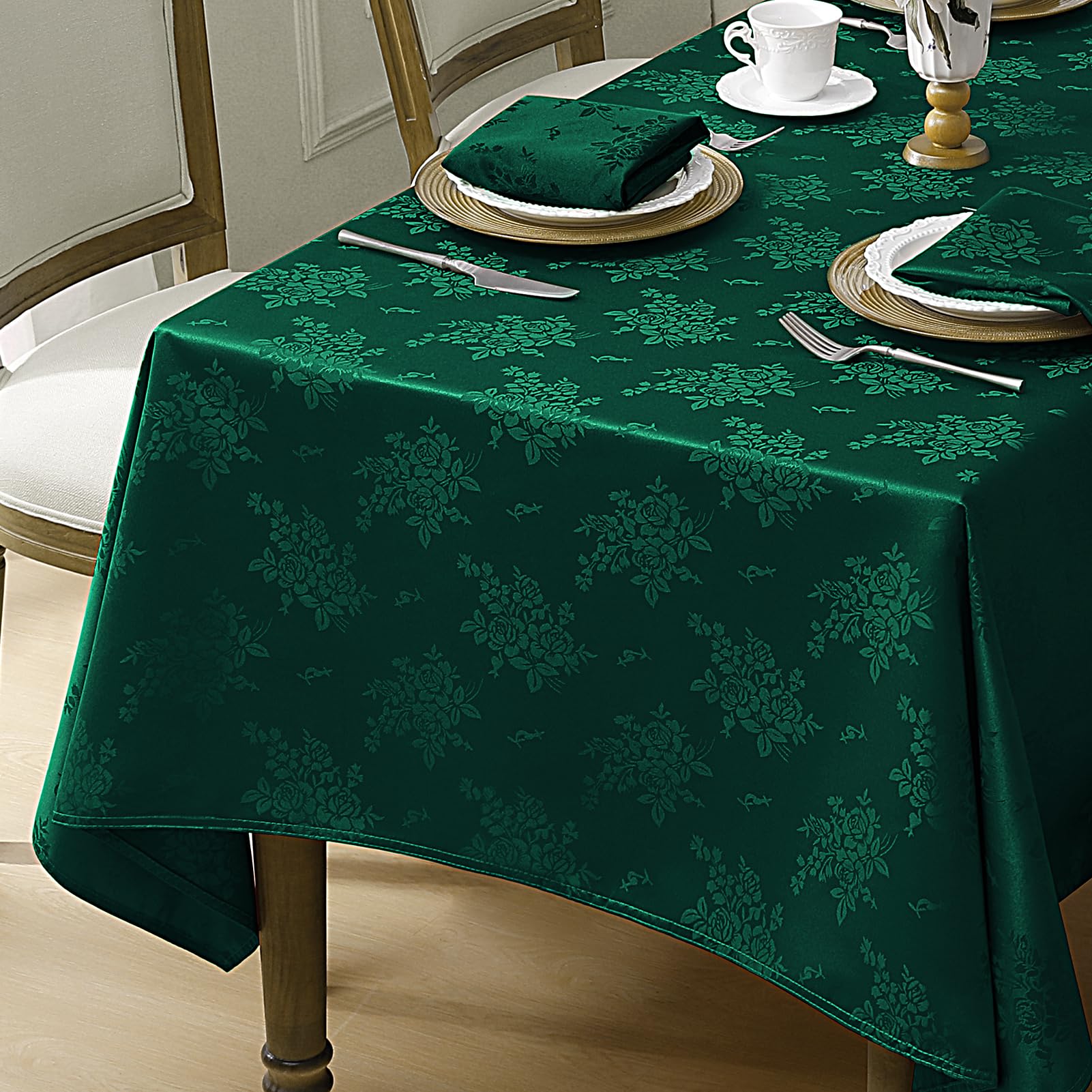 Romanstile Dark Green Rectangle Tablecloth - Spring Waterproof Damask Rose Floral Pattern Decorative Table Cloth, Heavy Weight Jacquard Fabric Table Cover for Dining/Party/Holiday - 60 x 84 Inch — image 1