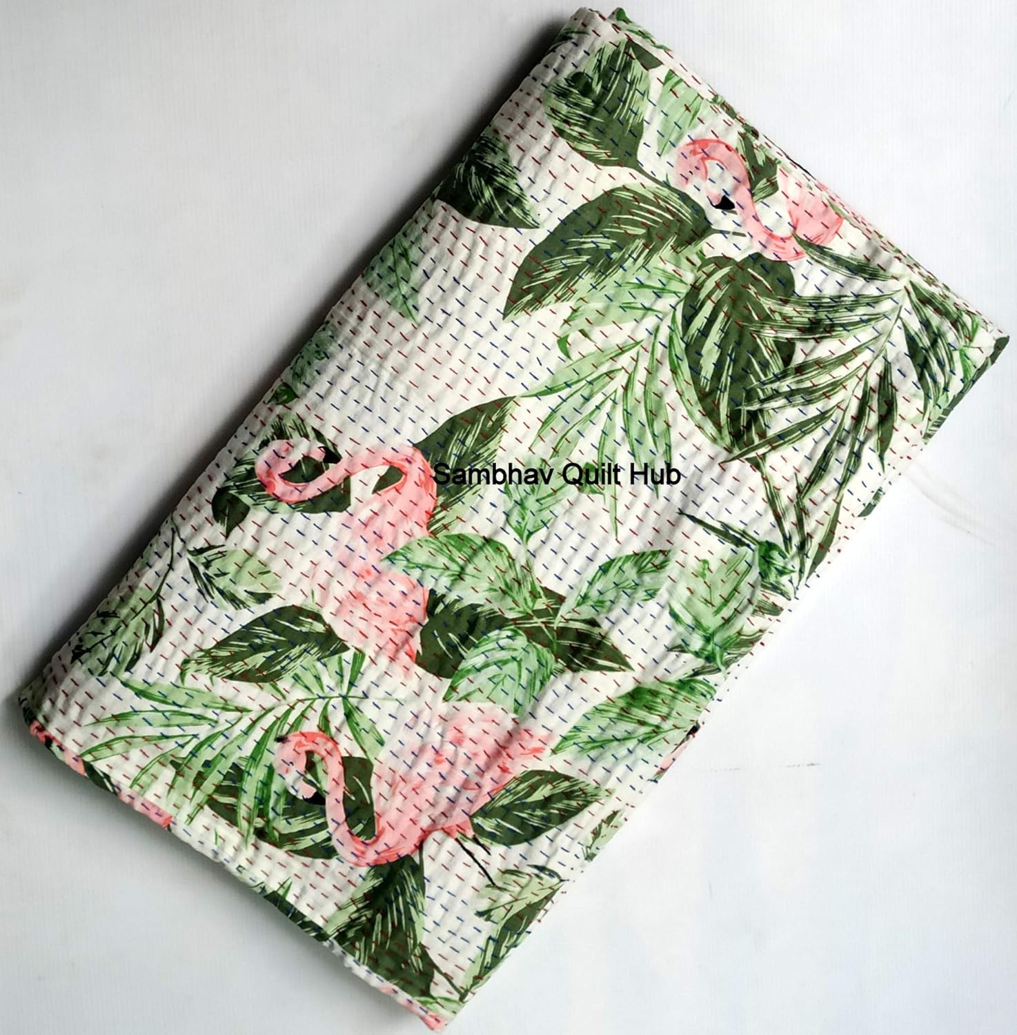 White&Green Handblock Home Decor Quilt Floral Elephant Print Handmade Quilted Kantha Bedspread Boho Bedding Queen Size/King Size Bed Cover Block Throw Kantha Quilt