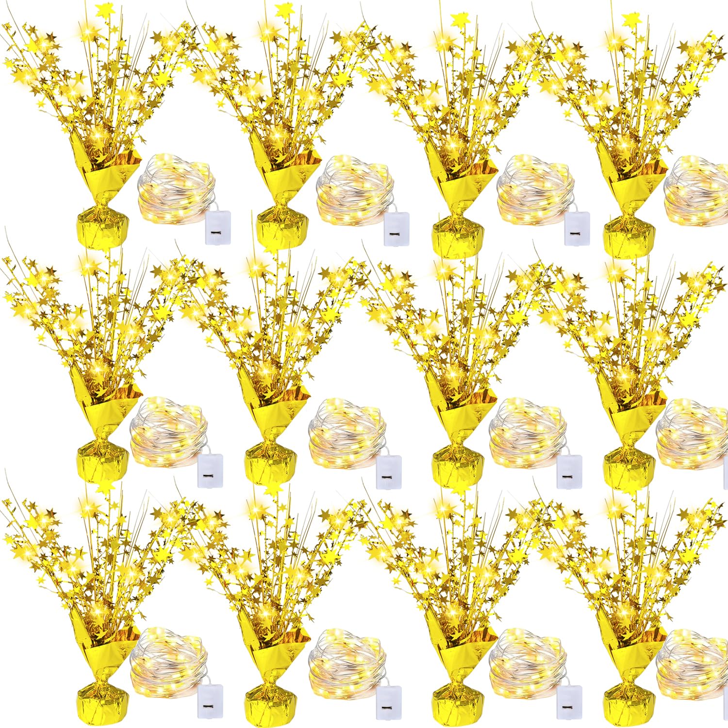12 Pack Metallic Foil Spray Centerpiece with LED String Lights Star Table Decoration Burst Table Centerpieces for Birthday Graduation Wedding Anniversary Holiday Party Supplies Decor, Gold