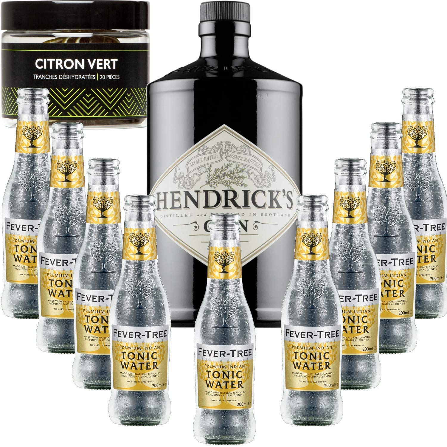 Hendricks Gin 41,3 ° + 9Fever Indian Tree Premium de agua - - Gintonic (70cl + 9 * 20 cl) + Pot 20 rebanadas de la cal seca.