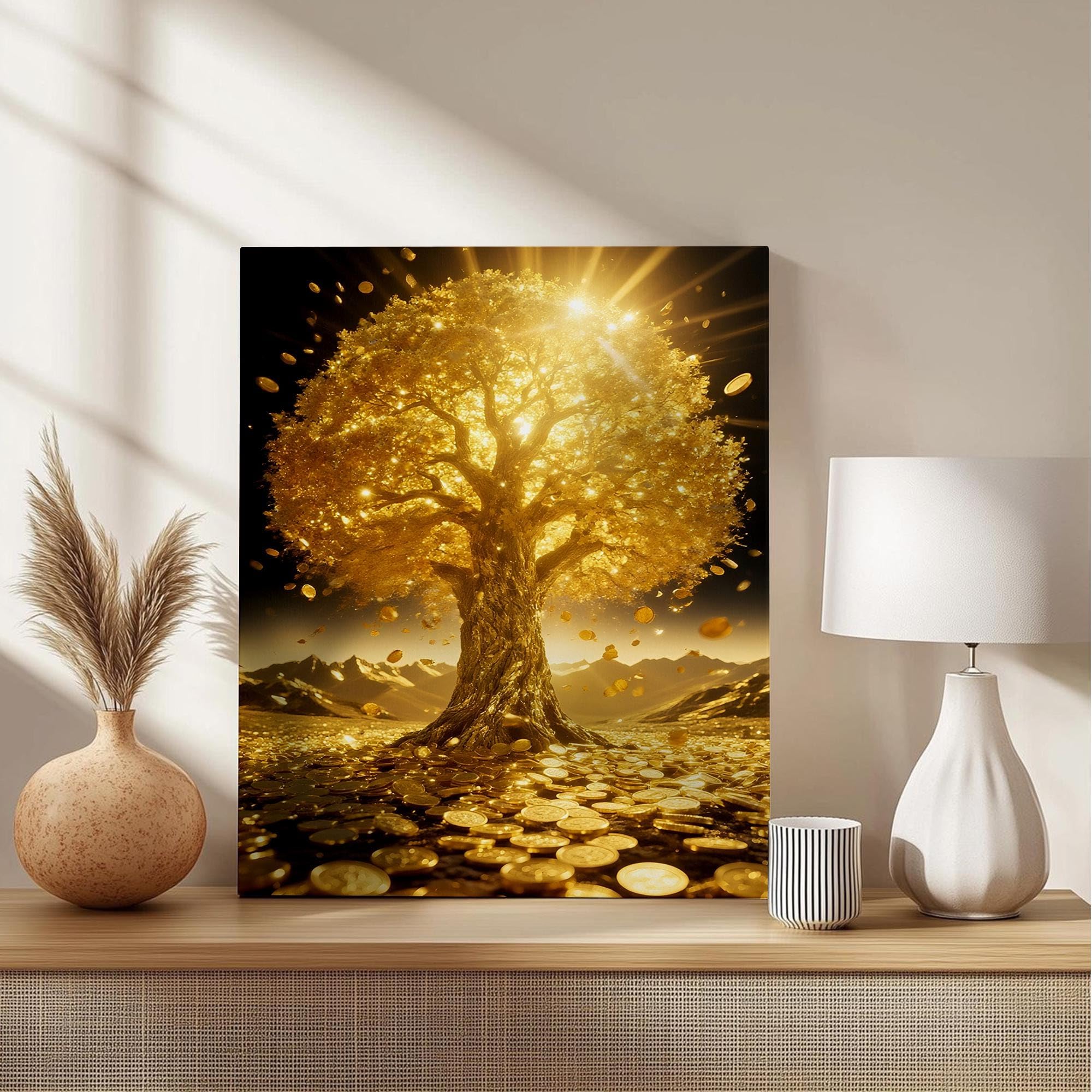 XBTYKPB Lienzo decorativo Árbol del Dinero Dorado: Decoración Feng Shui para la prosperidad, láminas y pósteres para la decoración del hogar en la sala de estar (70x100cm/marco interior)