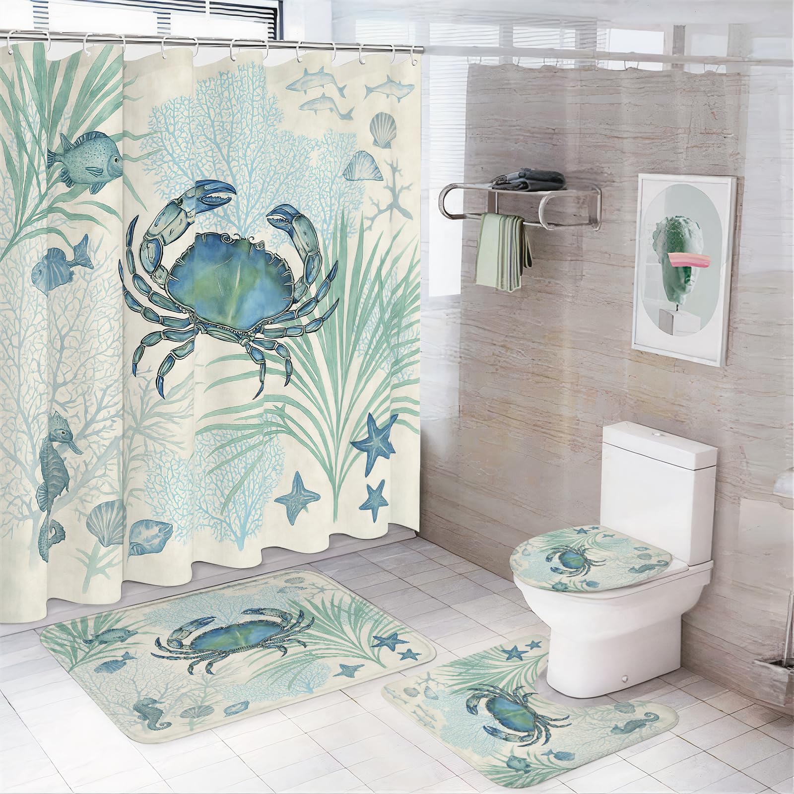 Smazdfxx 4Pcs Curtain & Mats Blue Crab Shower Curtain And Bathroom Rug Set – 4-Piece Coastal Ocean Theme Bath Decor With Starfish, Seahorse & Coral – Beach Nautical Bathroom Accessories (4Pcs Curtain & Mats)