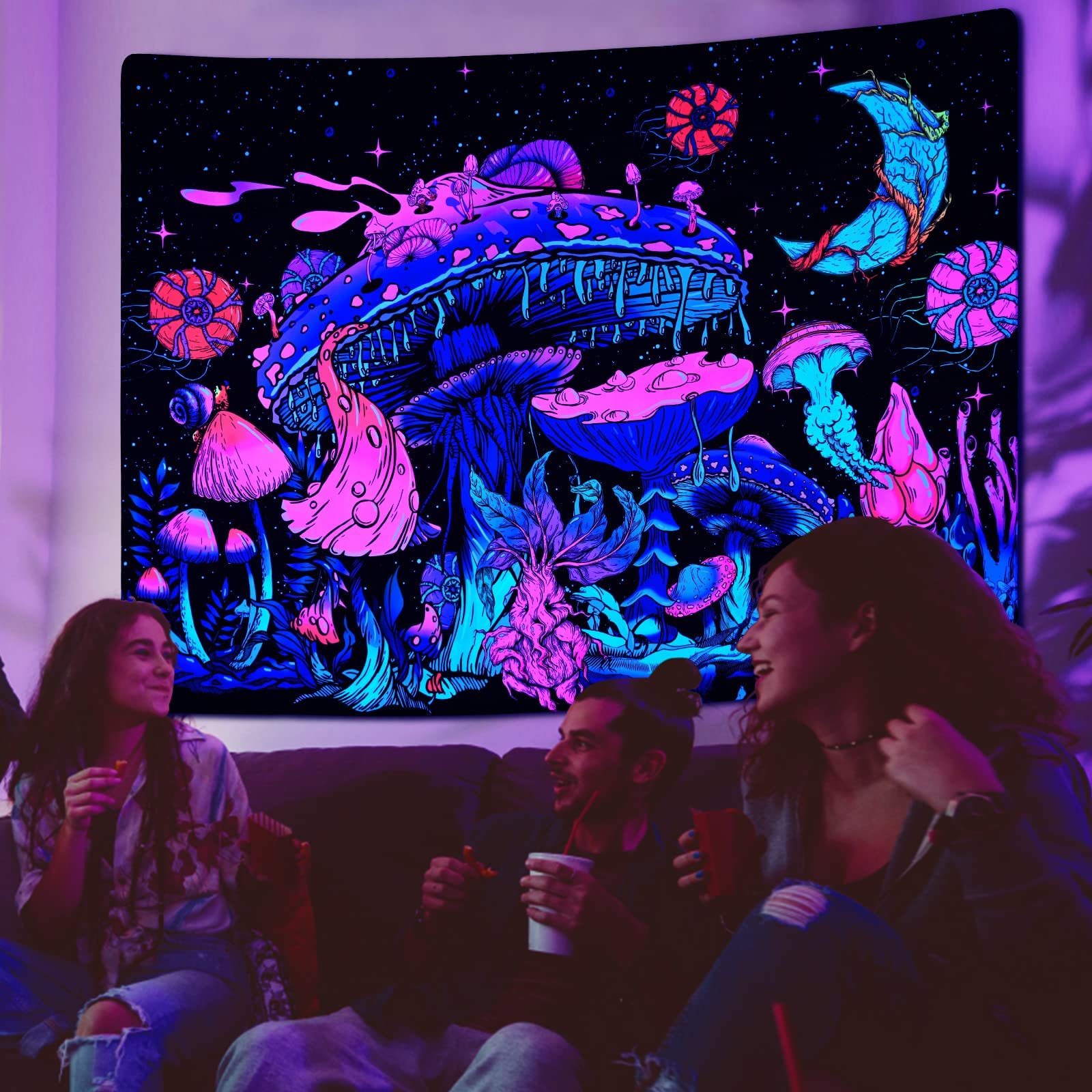 Yrendenge Gobelin z motywem grzyba, UV księżyc i gwiazdy, wiszące rośliny, gobeliny świecące w ciemności, gwiaździste nocne niebo, gobelin estetyczny, wiszący na ścianie do sypialni, 210 x 150 cm