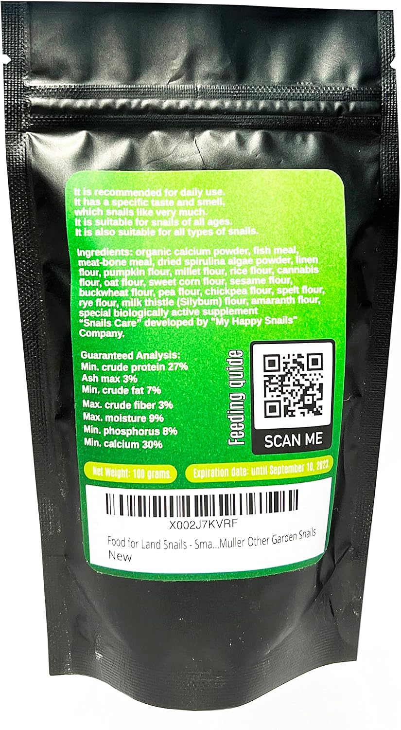Food for Land Snails - Small Pack 3.5 Oz (100 Grams) - with Organic Calcium, Vitamins, and Minerals. Great for Giant African Land Snails, Helix Pomatia, Aspersa, Muller Other Garden Snails