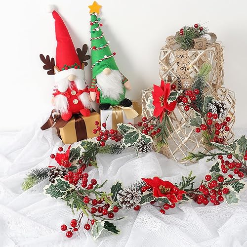 Miniatura 7 de TOCHGREEN Guirnalda de Navidad de bayas rojas de 12 pies, guirnalda de bayas artificiales con conos de pino, flores de Pascua y hojas de acebo,