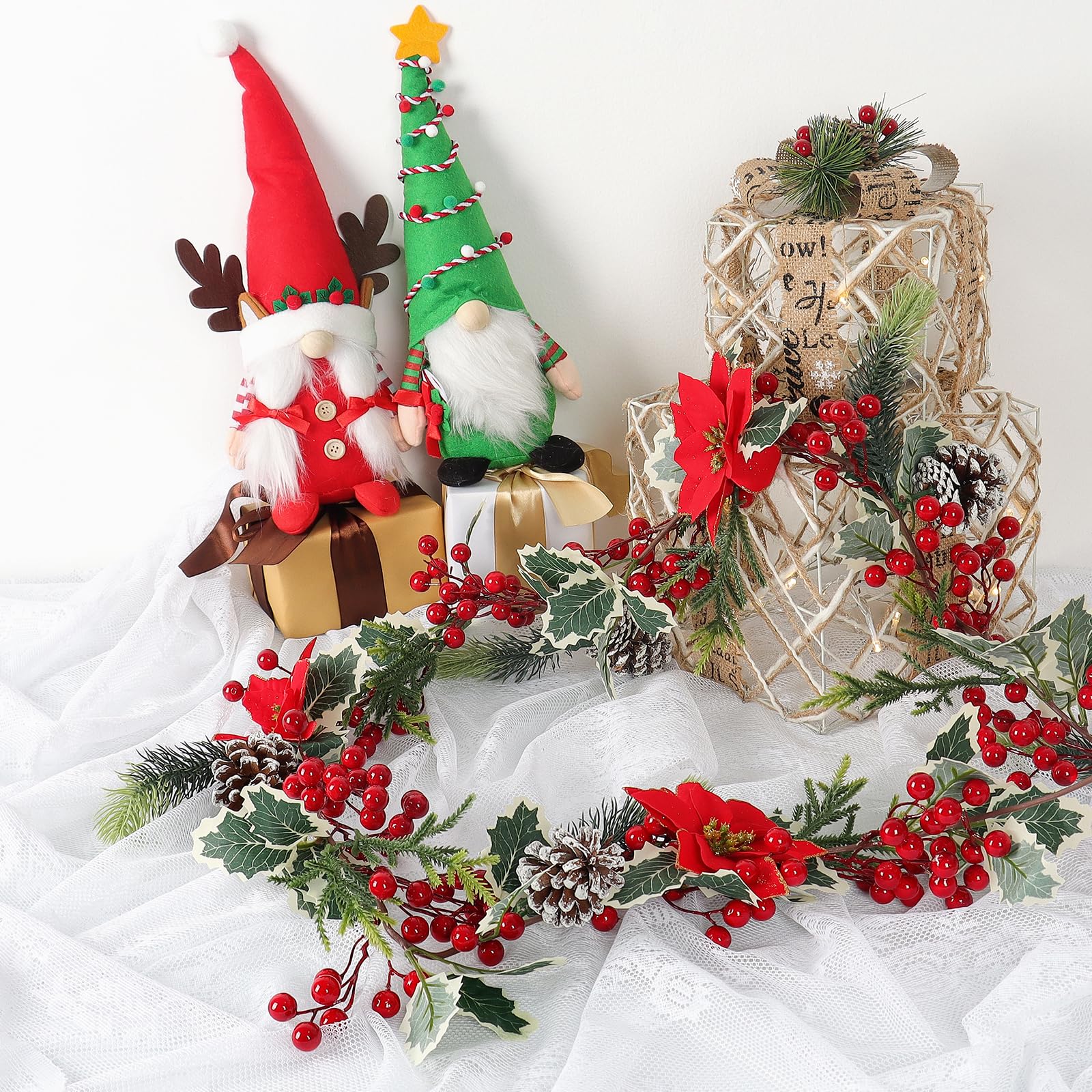 2 guirnaldas de Bayas Artificiales con Hojas Verdes, Guirnalda de Navidad con Bayas Rojas, Guirnalda de Abeto, Guirnalda de Bayas Rojas para Bodas, chimeneas, escaleras, decoración de Mesa