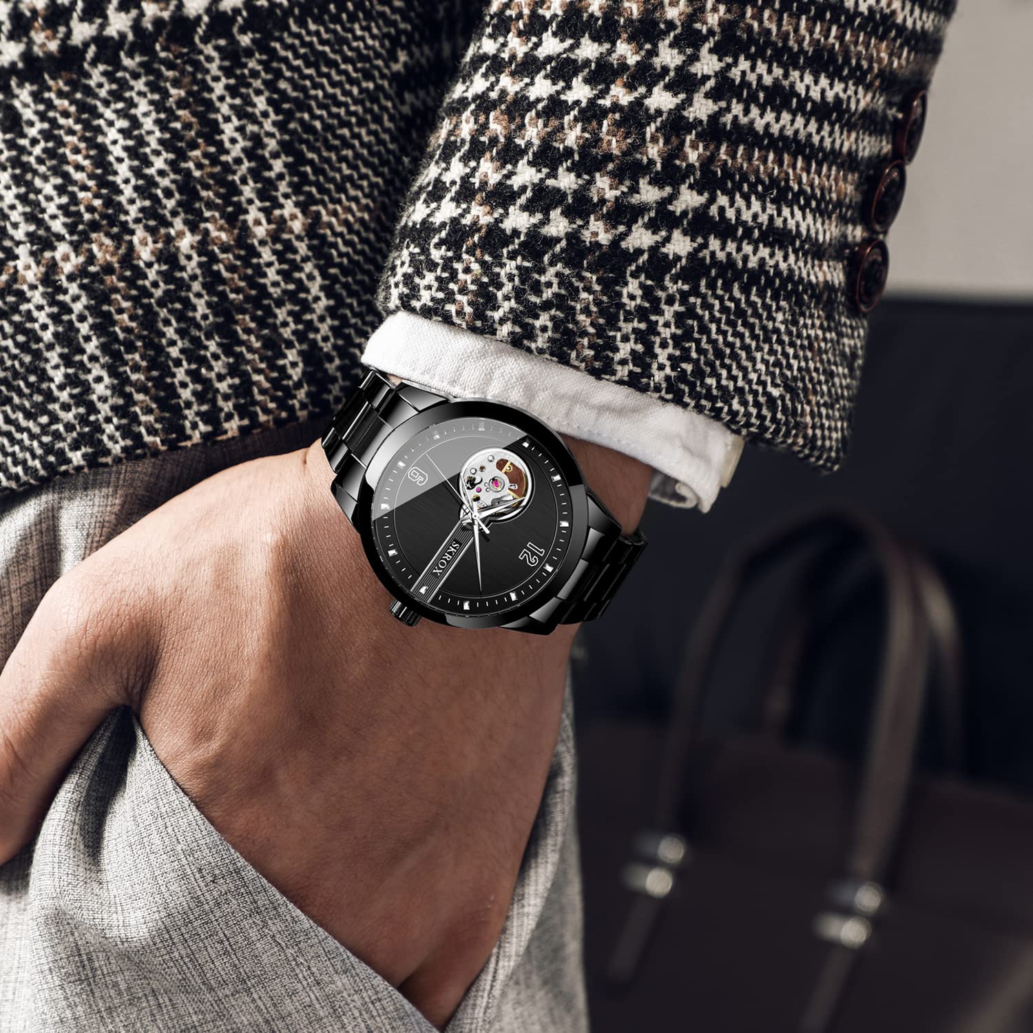 FORSINING Mechanische Tourbillon-Armbanduhr für Herren, automatische Armbanduhr mit Edelstahl-Armband, 1-schwarz