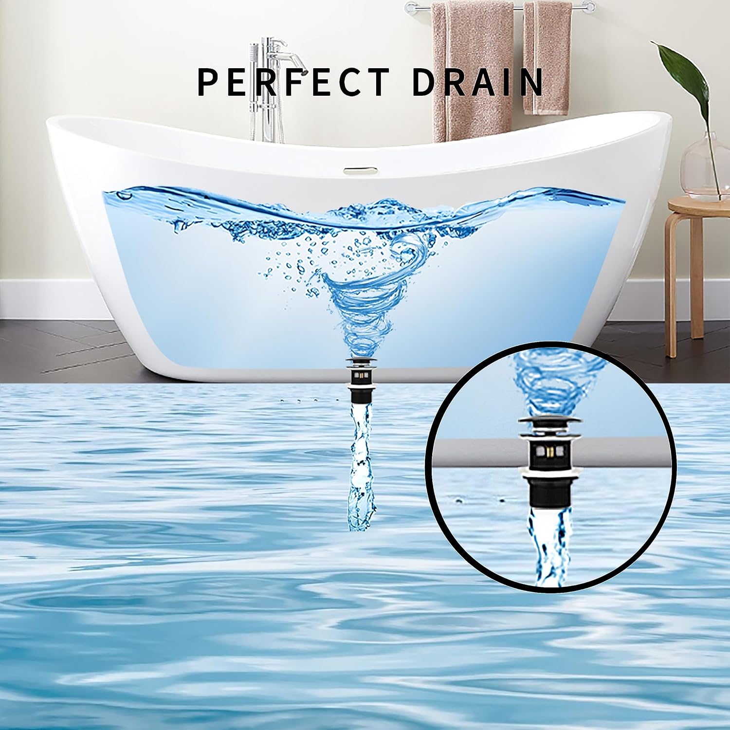Brass Freestanding Tub Drain, Pop Up Freestanding Tub Drain Plug, Fits Most Freestanding Tub Drain Kits (Matte Black)