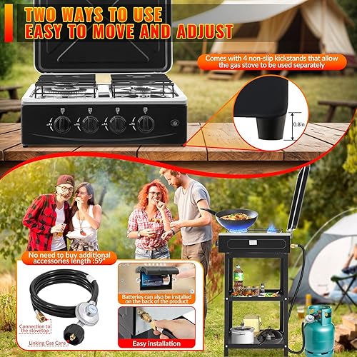 Miniatura 5 de Estufa de gas propano de 4 quemadores, estufa de gas portátil de 300000BTU con soporte para patas y adaptador de cubierta de bloqueo de viento,