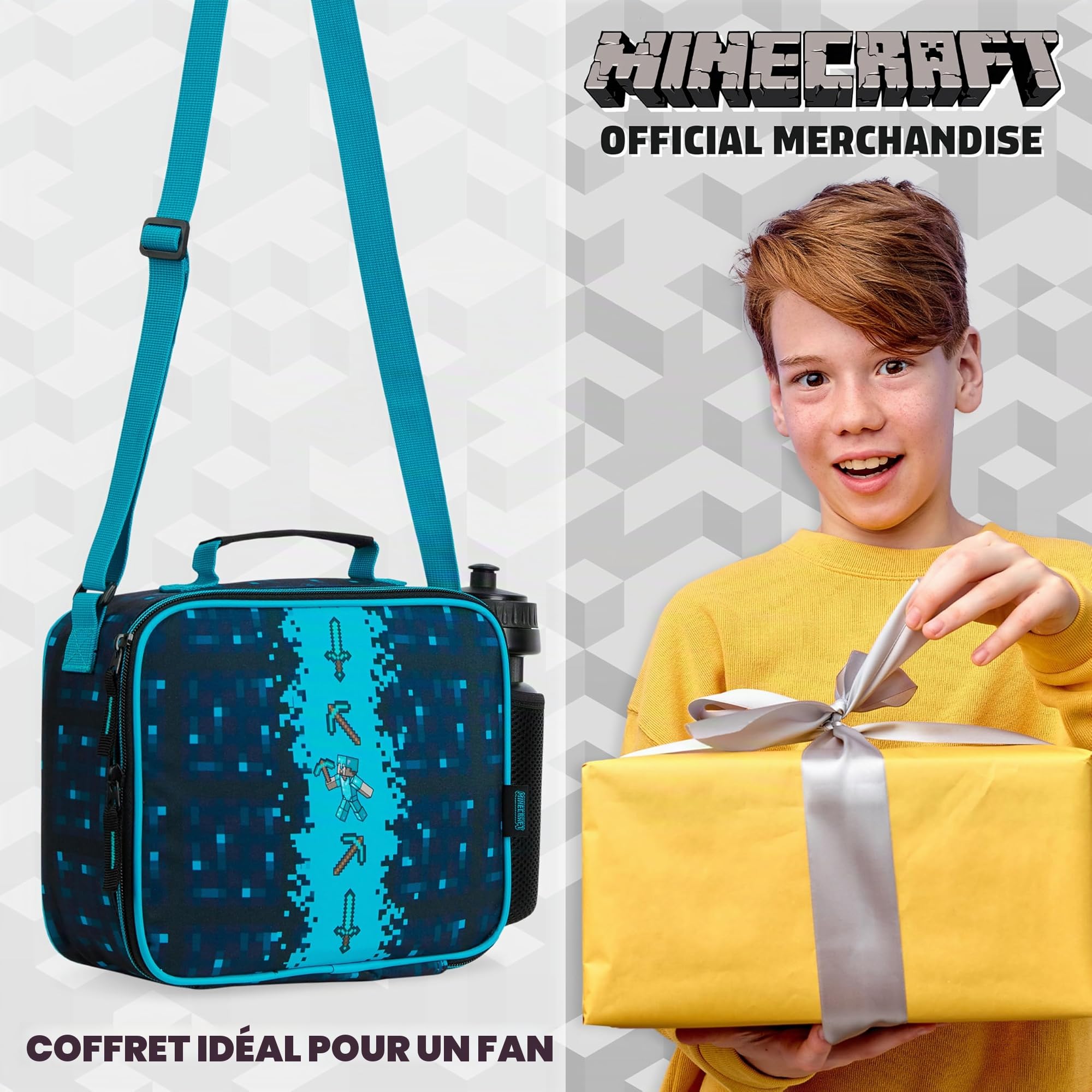 Minecraft Sac Isotherme Repas Enfant Lunch Bag pour l'École ou les Voyages Options avec Bouteille D'eau Cadeau pour Enfant (Bleu/Noir)