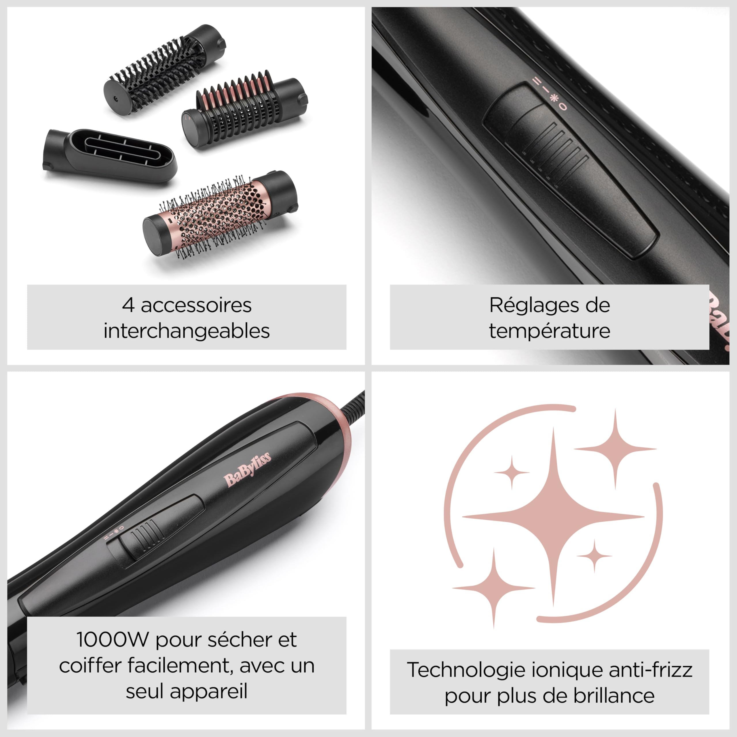 BaByliss Brosse soufflante Perfect Finish - 3 accessoires pour lisser, créer du volume et mettre en forme - 2 réglages de chaleur +Bouton Air Froid - Technologie ionique anti- frisottis - AS126E