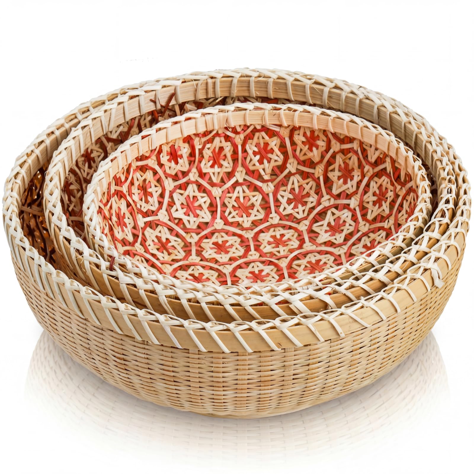 Elsjoy Set di 3 cestini in vimini intrecciati, in bambù, per il pane rotondo, in rattan, decorazione per frutta, verdura, patate, impilabili 24,4 cm/20,3 cm/17,8 cm