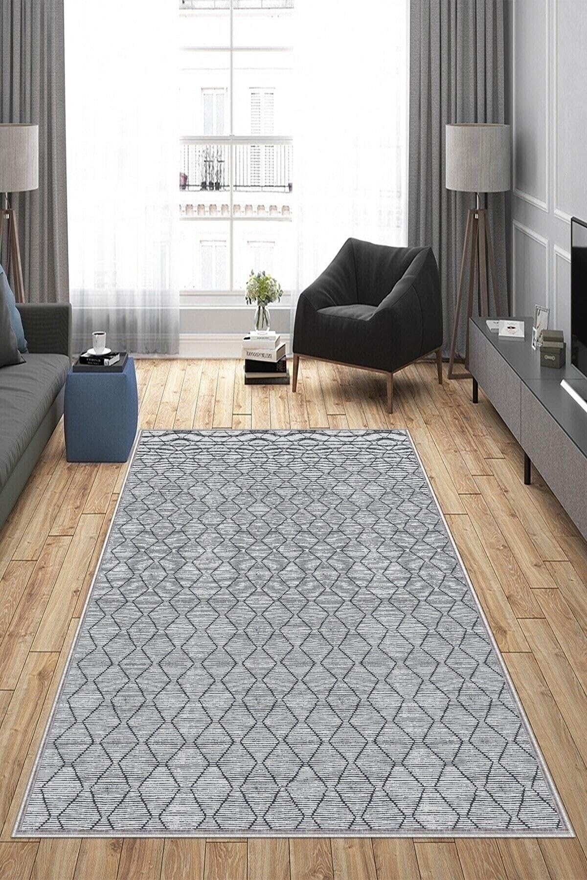 Pelangi Gri Baklava Desen Yıkanabilir Kaymaz Taban Leke Tutmaz Modern Salon Halısı Ve Yolluk, Gri 160 x 240, 135819916024005
