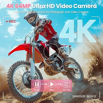 64MP 4K Vlogging Camera, 64GB Fast Autofocus Digital Camera with Dual Cam, Wide Lens, 2000mAh Battery and 18X Digital Zoom - Ideal for YouTube, Tiktok, Travel, Beginners Video Recording Creation