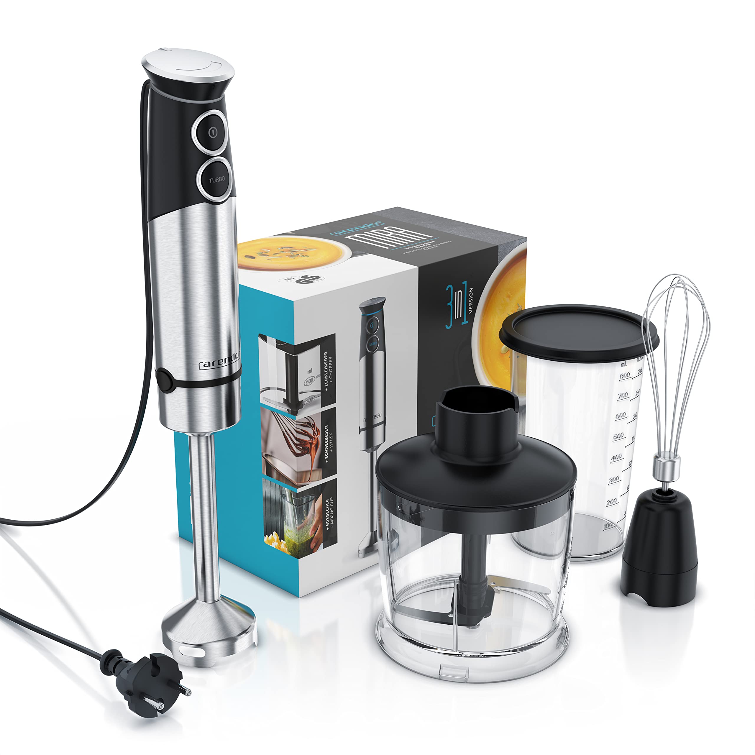 Arendo - Stabmixer Edelstahl 1500 Watt Set - Pürierstab - stufenlose Geschwindigkeit - Turbotaste – 4-flügeliges Messer - 800 ml Messbecher – Schneebesen