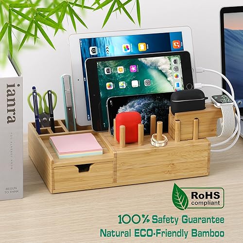 Miniatura 5 de Estación de carga de bambú para múltiples dispositivos, organizador de estación de acoplamiento de escritorio Darfoo compatible con teléfonos