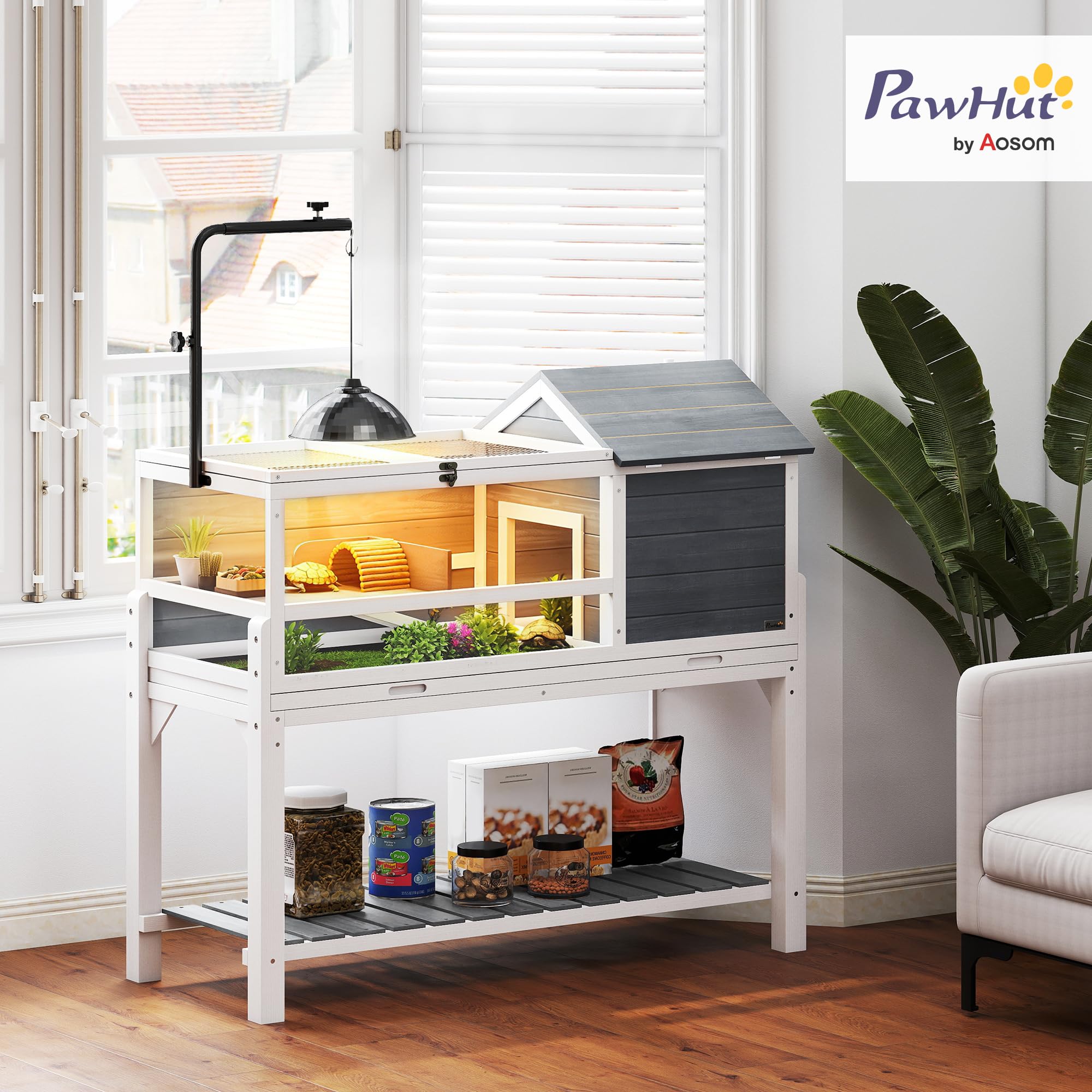 PawHut Casa para Tortugas de Madera, Terrario para Reptiles con Soporte para Lámpara Ajustable, Techos Abatibles, Bandeja Extraíble, Estante de Almacenaje y Paneles Transparentes, Caseta para Tortugas