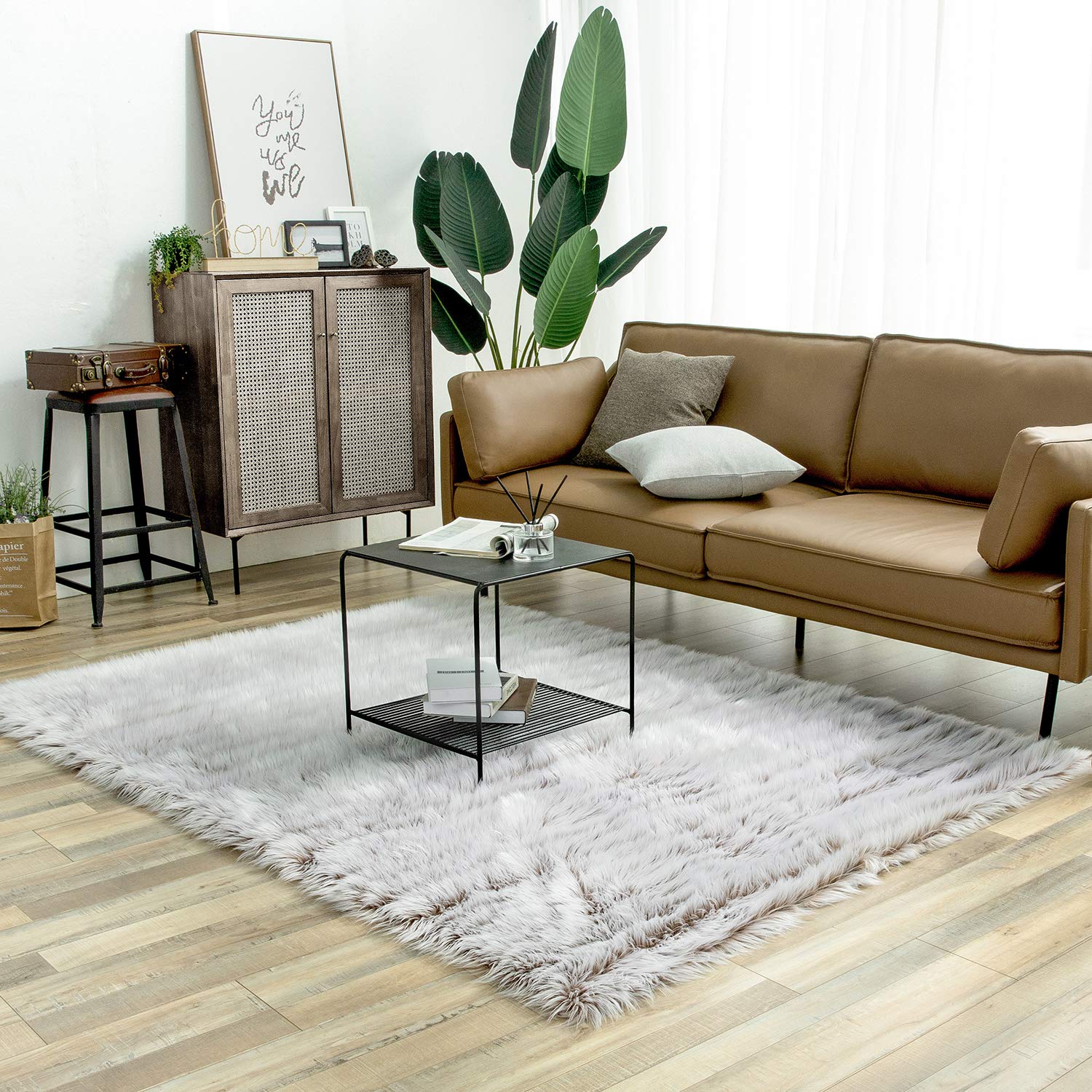 Ashler faux fur rug, Fluffy Shaggy Area Rug Ultra Soft 5 x 7 Feet Rectangle Fur Rug Frosted Bottom Beige Fuzzy Rug Machine Washable Shag Rug, Nursery Decor Throw Rugs for Bedroom, Living Room