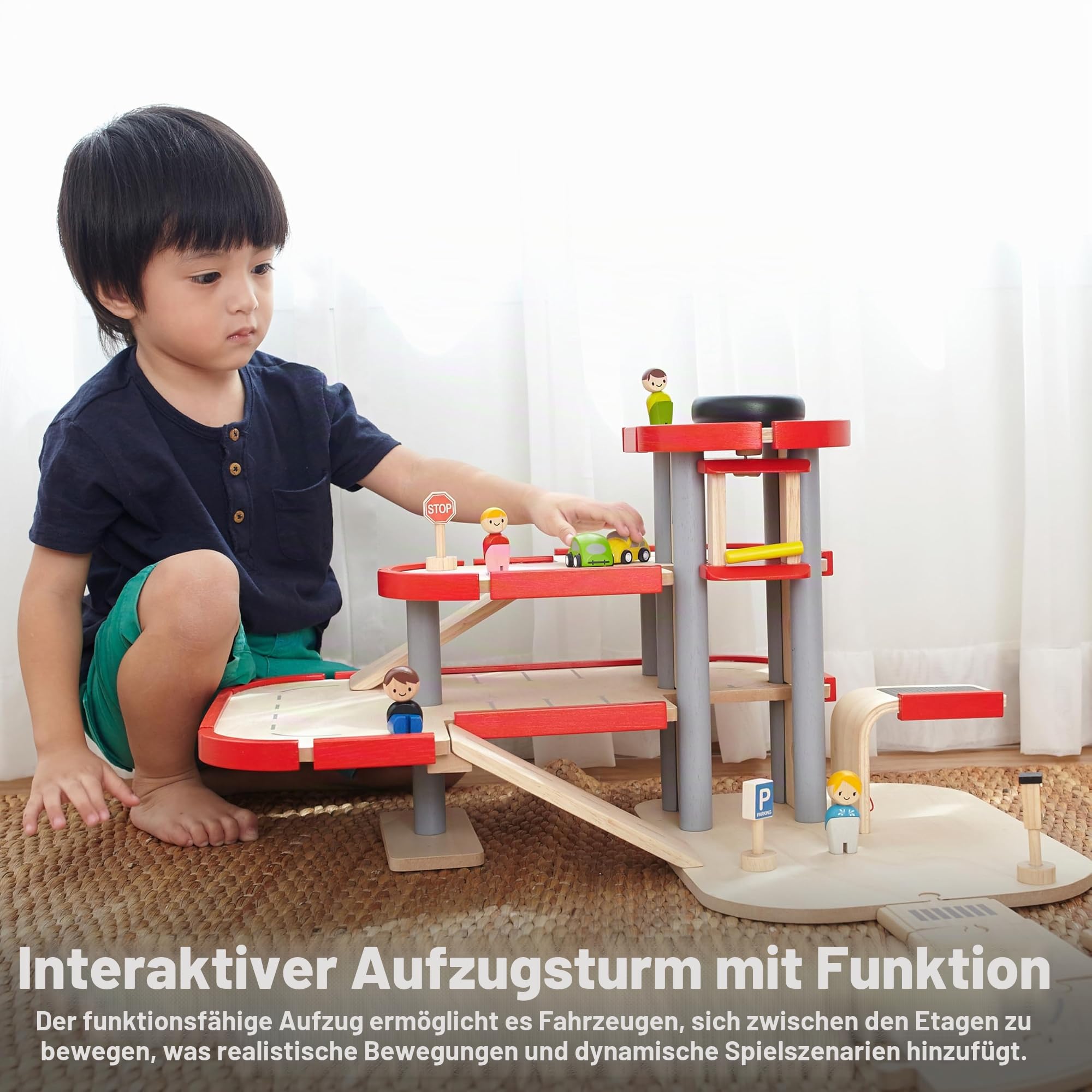PlanToys Parkhaus für Kinder 3 jahre - Autobahn Kinder inkl. 2 Autos - Autorennbahn aus Holz - Parkgarage Holz - nachhaltiges Holzspielzeug