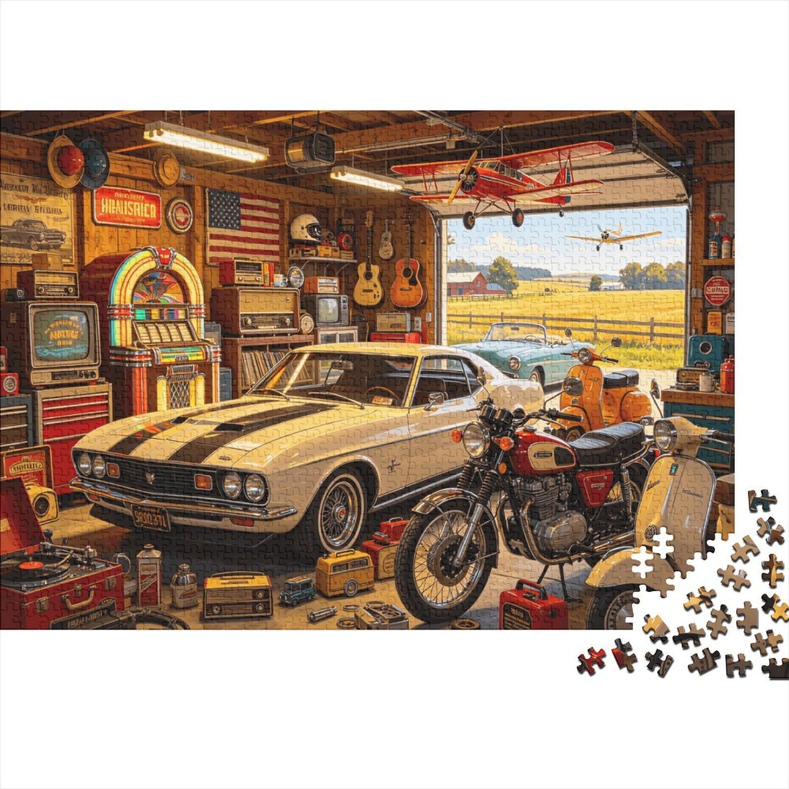 Classic Muscle Car Jigsaw Puzzles 1000 Piece Recyclable Retro Garage Puzzle for Elderly Educational Game Decompression Ideal for Holiday Blessings Gift 38x26cm/1000pcs