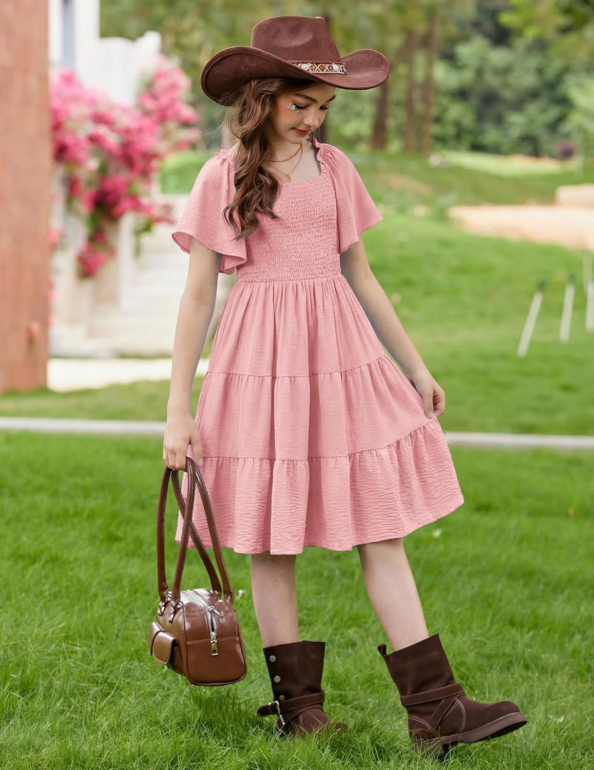 Arshiner Girls Summer Dress Tween Boho Casual Smocked Swing Flowy Ruffle Midi Dresses with Pockets