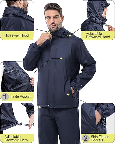 Miniatura 3 de 33,000ft Traje de lluvia para hombre, plegable, impermeable, ligero, para golf, senderismo, ciclismo, 2 piezas (chaquetas y pantalones)