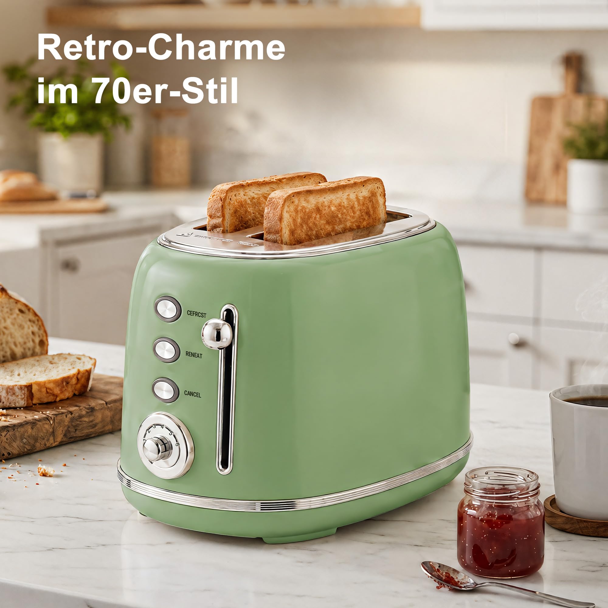 Wiltal Retro Toaster 2 Scheiben Edelstahl, Grün, TS-R008 | Brötchenaufsatz, 6 Röststufen, Vorheiz- und Auftaufunktion, Abschaltautomatik, Perfekt für Sandwiches & Toast