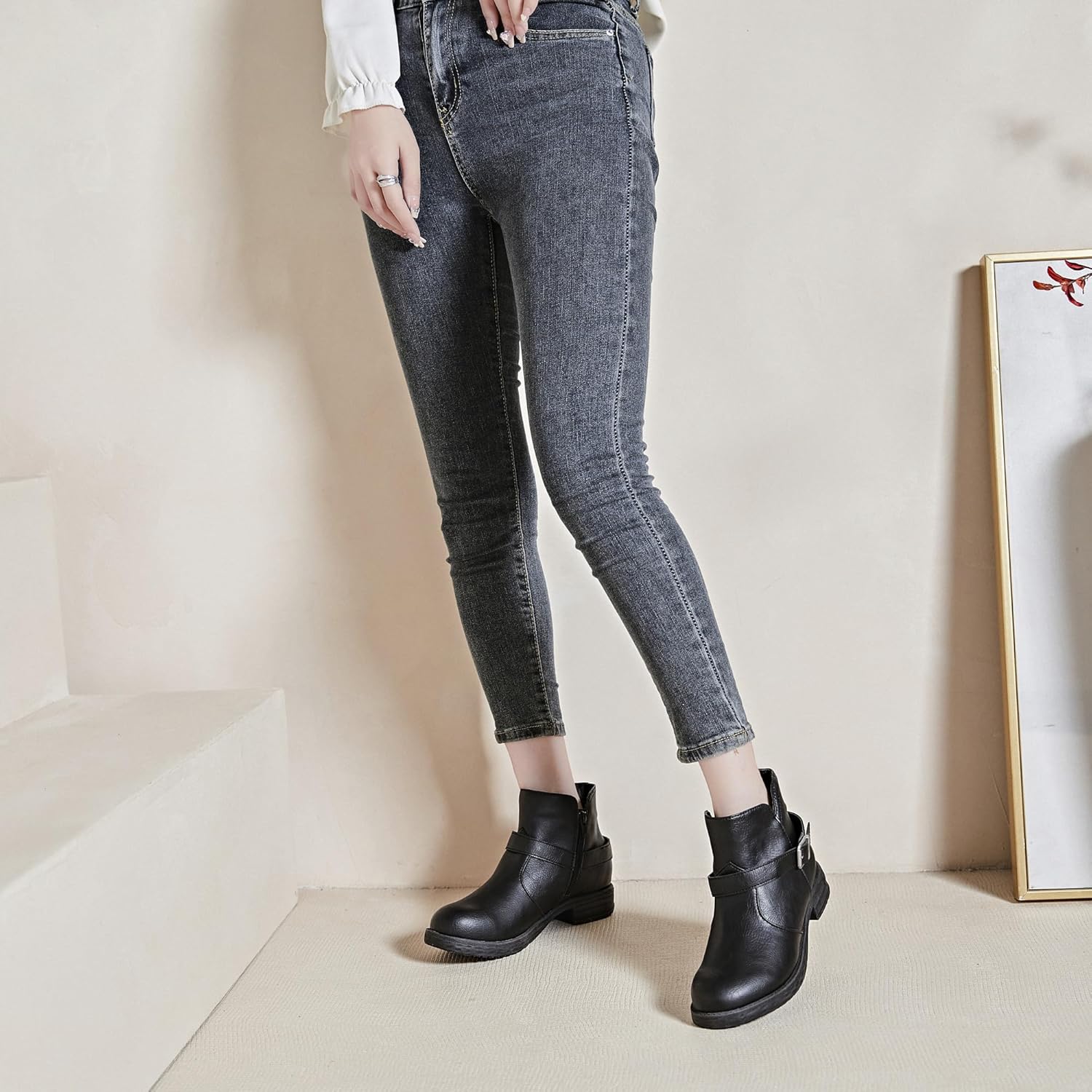 Ataiwee Women's Ankle Boots - Classic Side Zip, Cover with Buckle Strap, Round Toe, Comfortable Platform, Low Chunky Heel Comfort Slip On Fashion (Black/Dark Brown/Grey) Boots. - Image 2