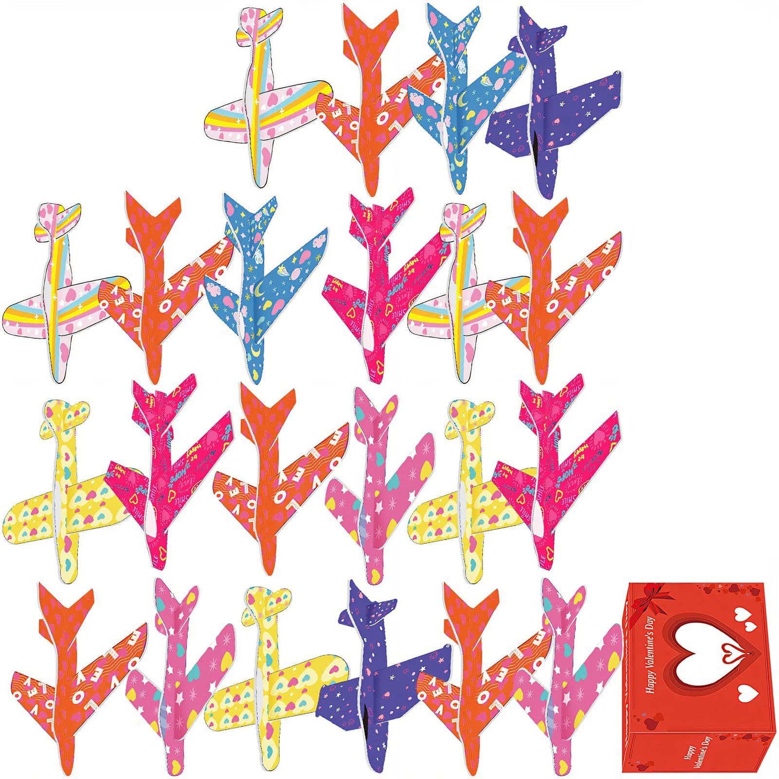 Jazuaiao 28pcs Valentine Gift Set with Colorful Layouts and Spume Aircraft Ideal for Boys and Girls School Exchanges Artifact