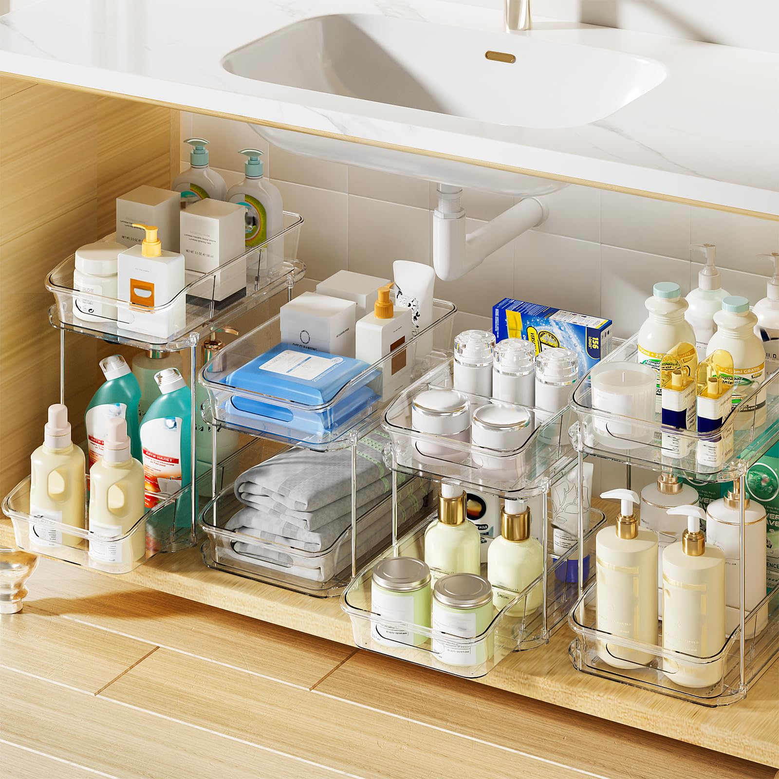 Paquete de 4 organizadores y almacenamiento de baño, organizador transparente de 2 niveles para debajo del fregadero, organizador extraíble para botiquín