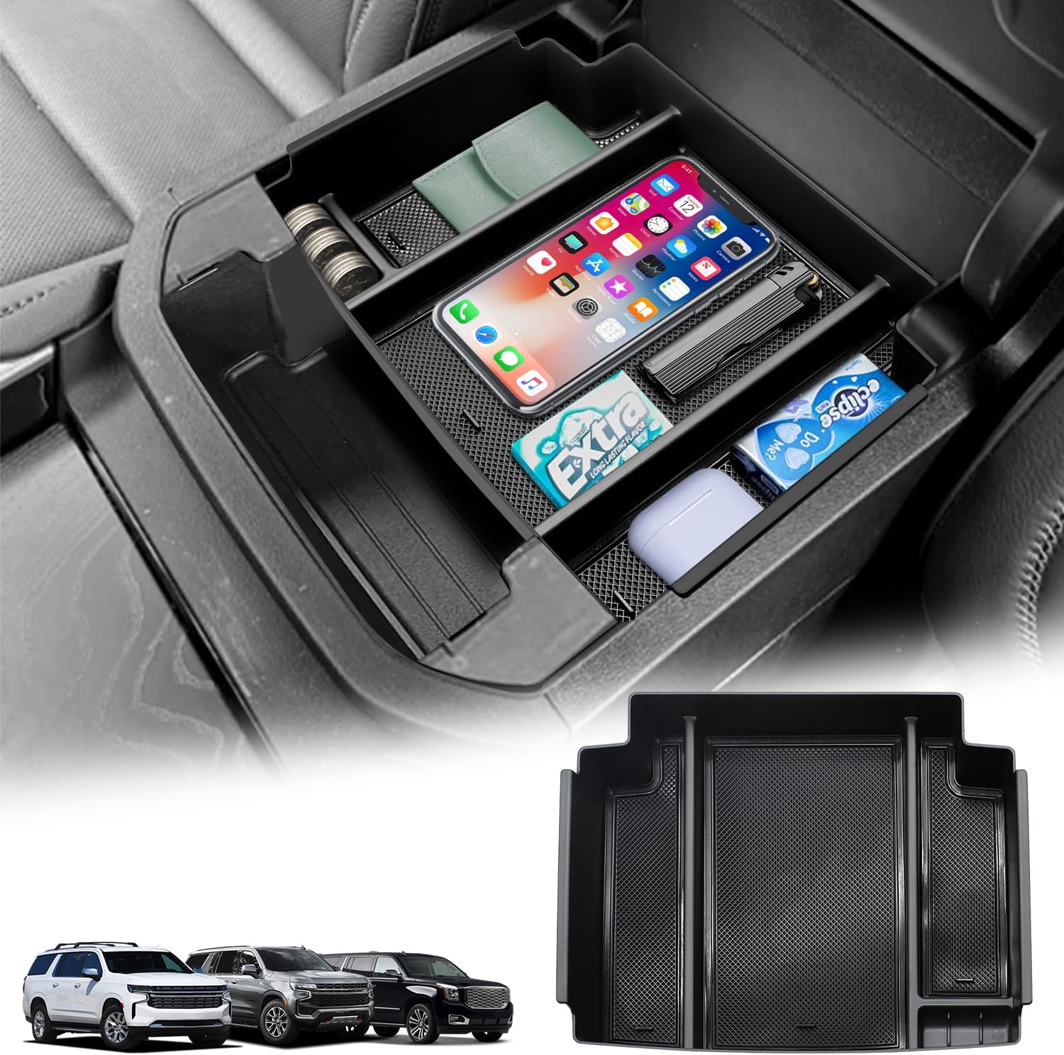 TUAMFO For 2021-2024 Chevy Tahoe/Suburban/GMC Yukon Power Sliding Console Organizer, for GMC Yukon Chevy Suburban/Tahoe Armrest Tray (NOT Fit Standard Console with Charging Socket)