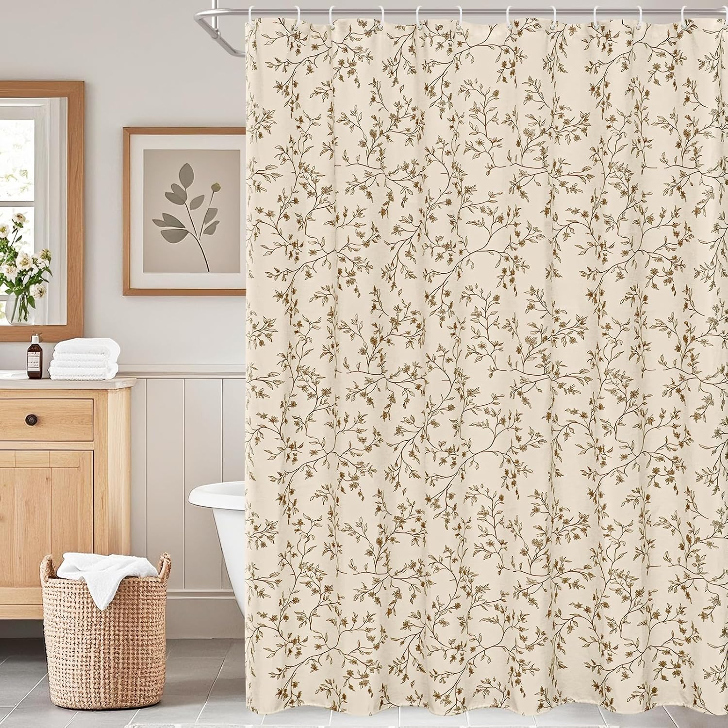 Brown Floral Shower Curtain Linen, Twiggy Leaves Flower Shower Curtain for Bathroom 72x72, Luxury Farmhouse Chic Bathroom Décor