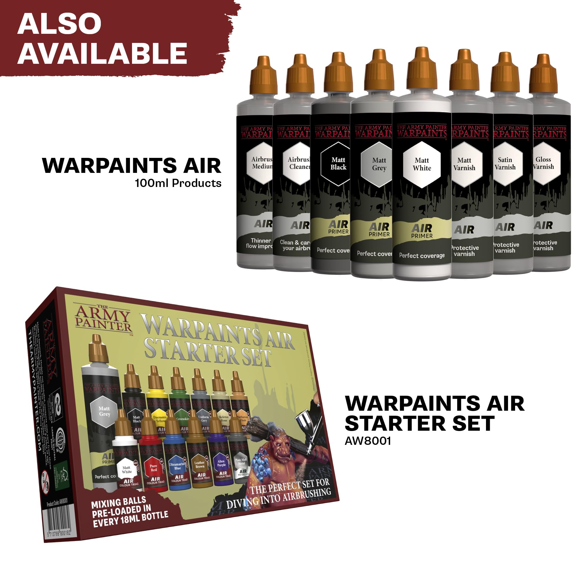 The Army Painter, Warpaints Air Mega Set, 60 x 18 ml do aerografu | Wstępnie rozcieńczone farby akrylowe do aerografu, w tym 9 metalicznych i 1 fluo, do figurek Warhammer