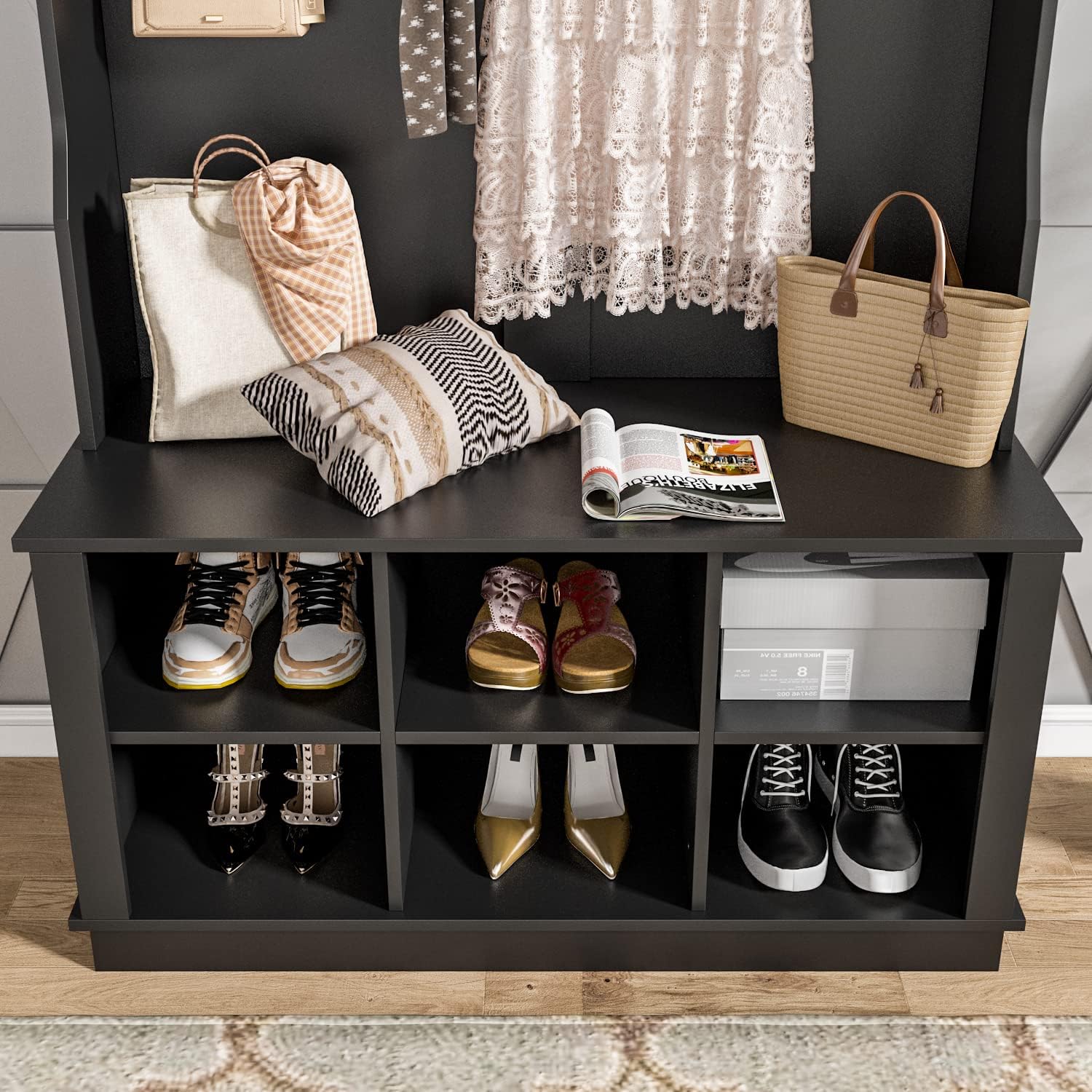 AIEGLE Hall Tree with Bench and Shoe Storage, 3-in-1 Entryway Hall Tree with Coat Rack, 6 Shoe Storage Cube and 4 Hanging Hooks, Black (39.8" L x 17.3" W x 67.1" H)