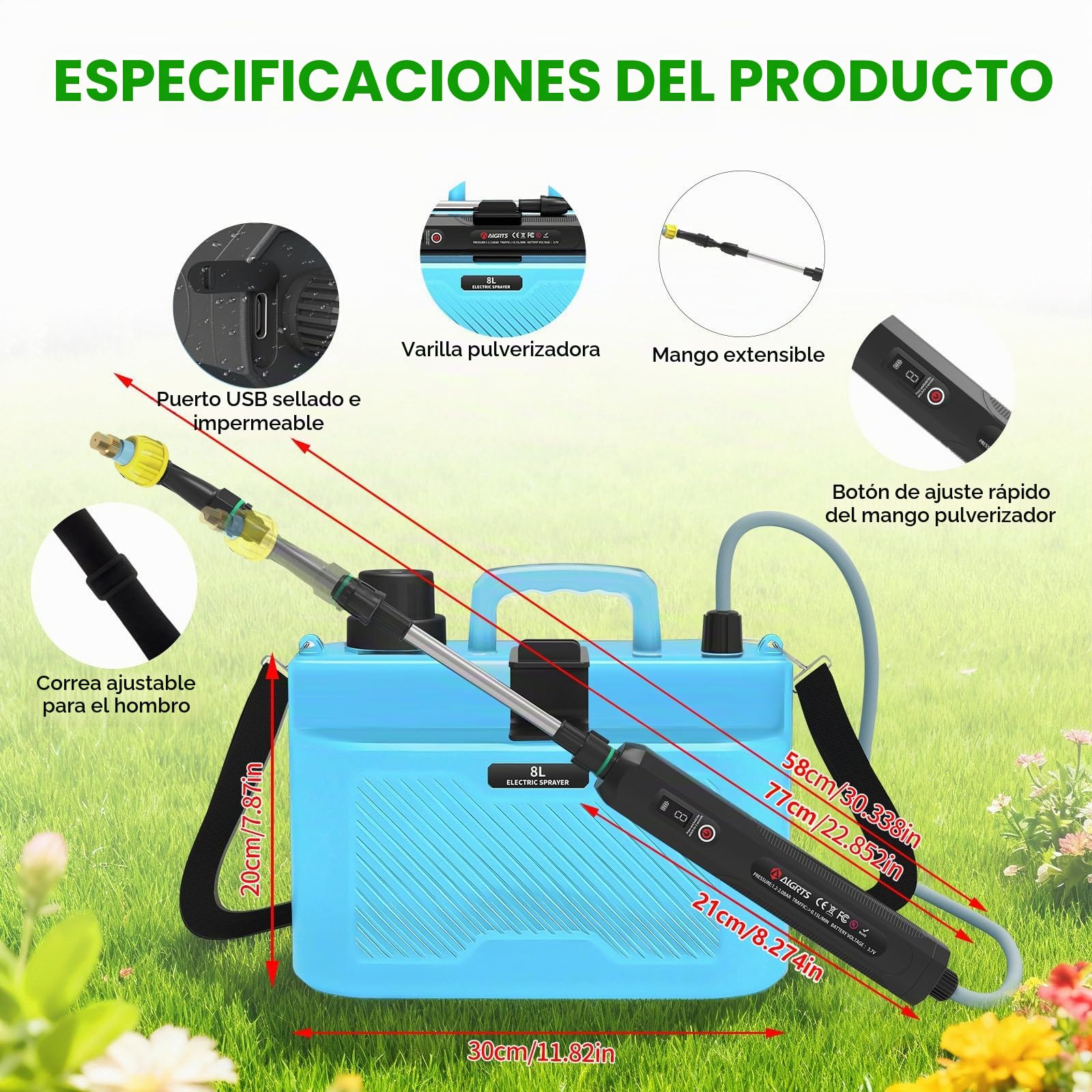 auvstar Pulverizador Eléctrico de Jardín 8L | 4 Boquillas, Recargable con Correa, 3 Velocidades, Mochila Pulverizadora, Mango 77cm Telescópico