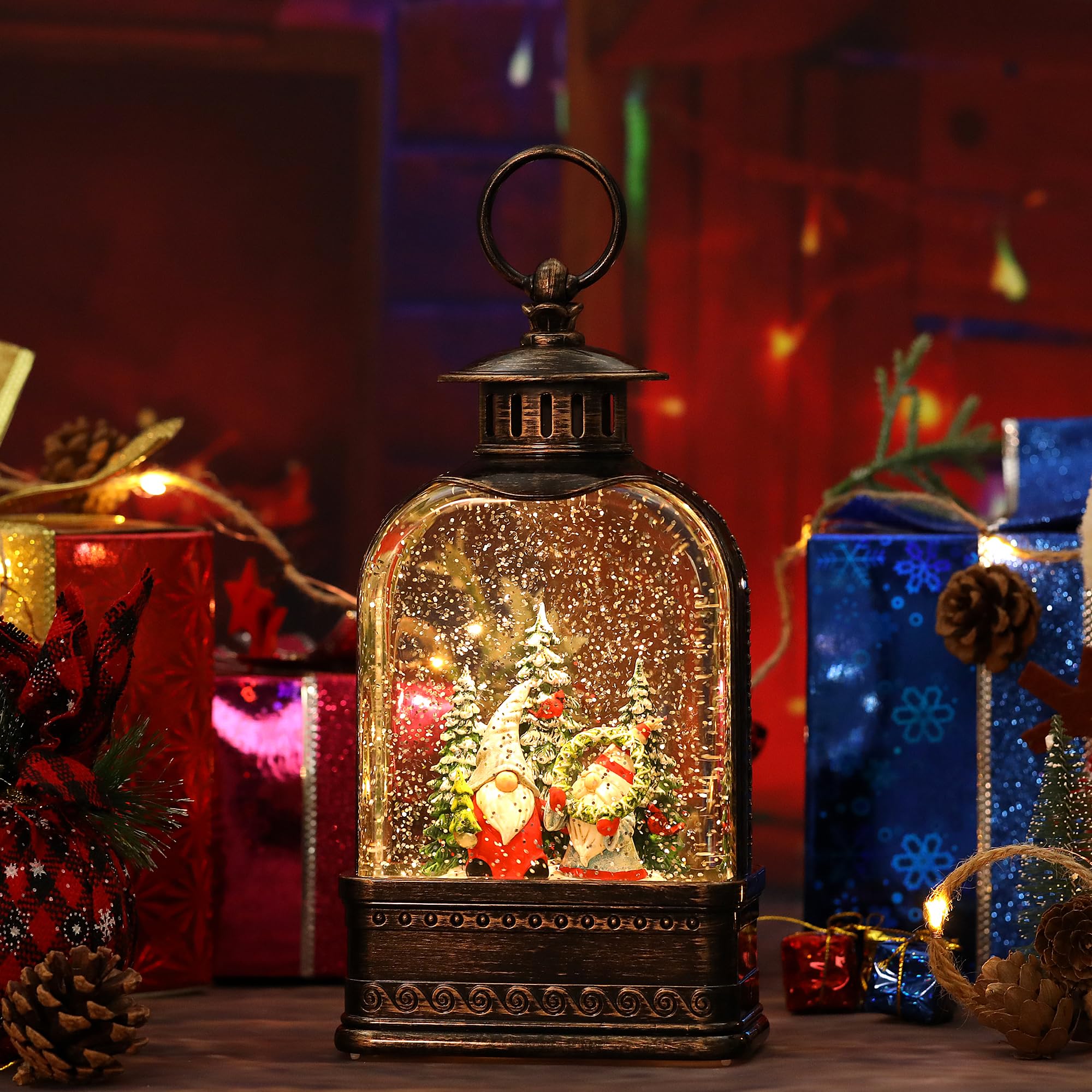 Eyrosa Boule à neige de Noël, boule à neige à paillettes éclairée avec musique, décorations de Noël musicales USB et lanterne à piles, décoration de Noël cadeau