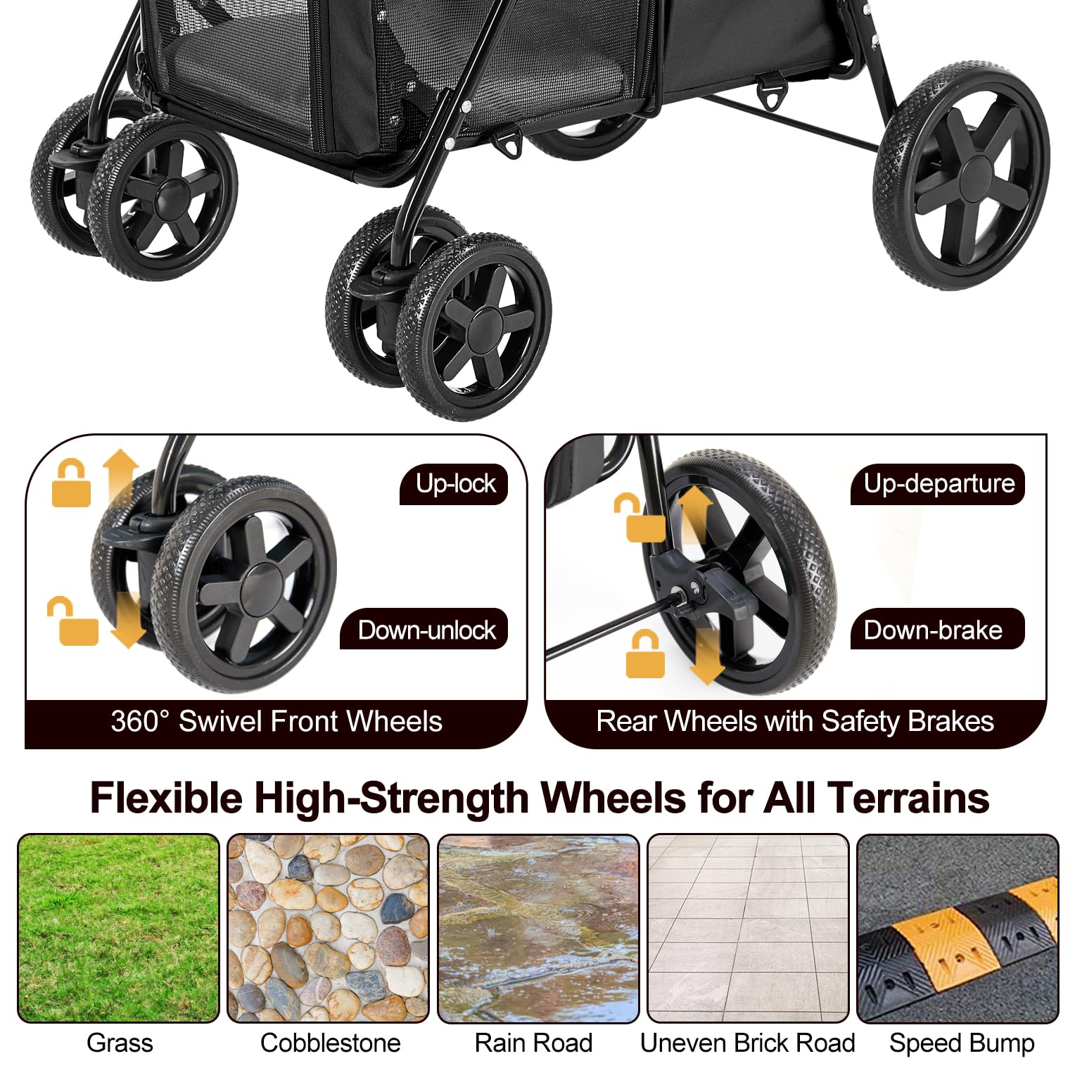 Double Poussette pour Chien Chat jusqu‘à 20kg, 2 Cages Détachables Indépendantes, Roues Universelles Pivotantes, Porte Avant et Arrière, Poussette Voyage pour Deux Animaux, NOIR