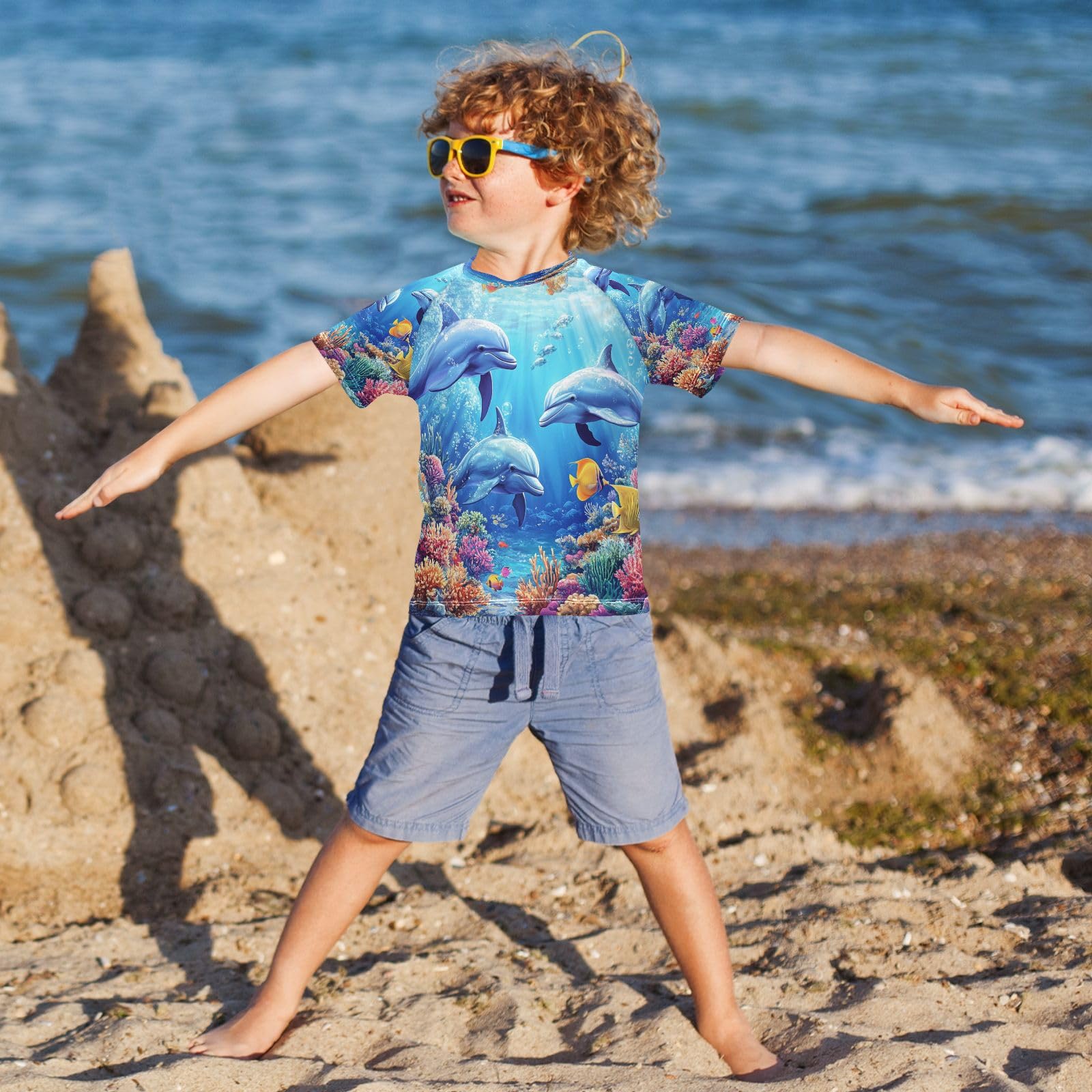 Toddler Boy Rash Guard Short Sleeve Swim Shirt Dolphin Print Rashguard 9-10T Beach Shirts Quick Dry,044