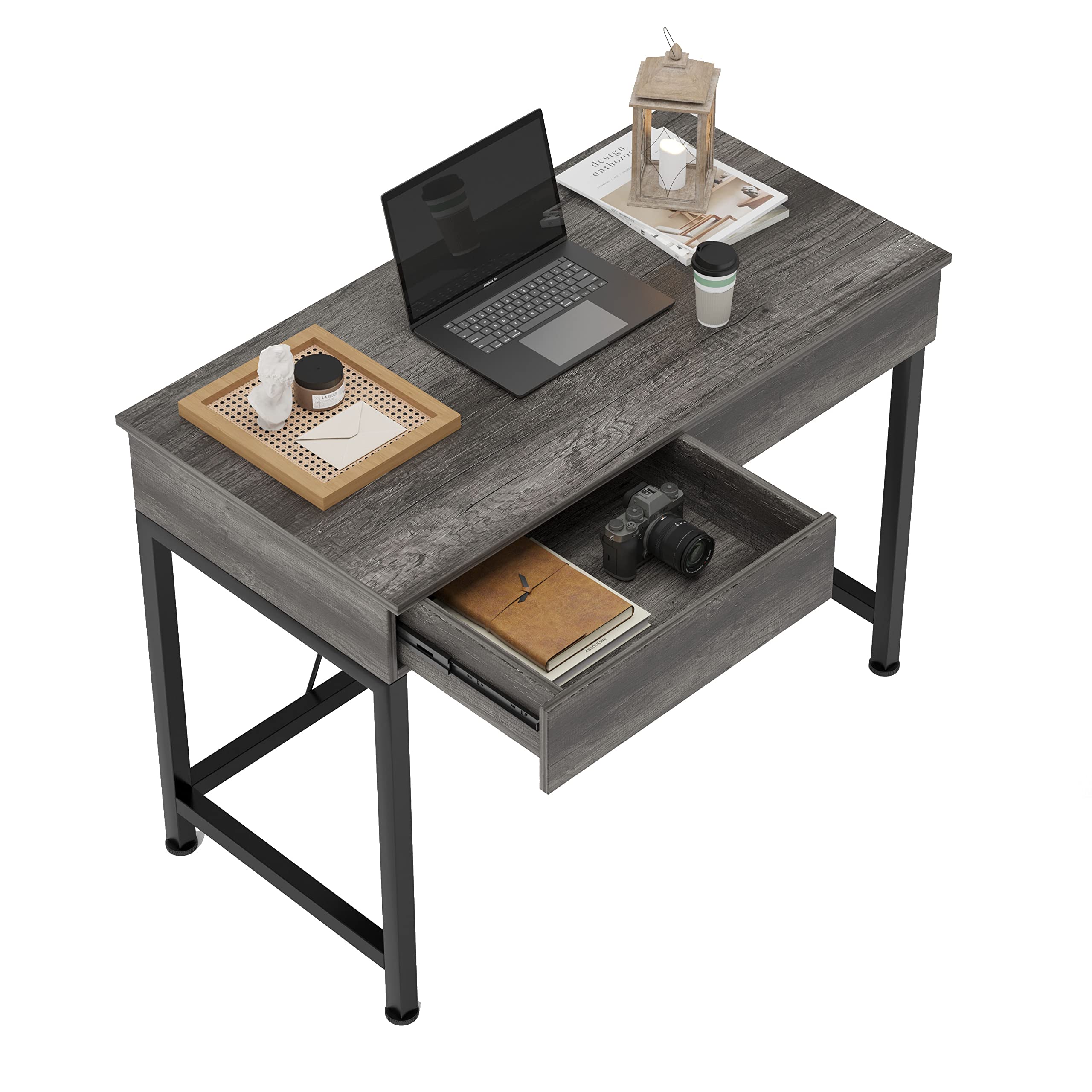 CAIYUN Computer Desk with Drawers, Home Office Desk with Storage, Workstation Stand desks, Study Table for Small Space, Laptop Table Made of Wood and Metal, 39.4" (GreyOak)