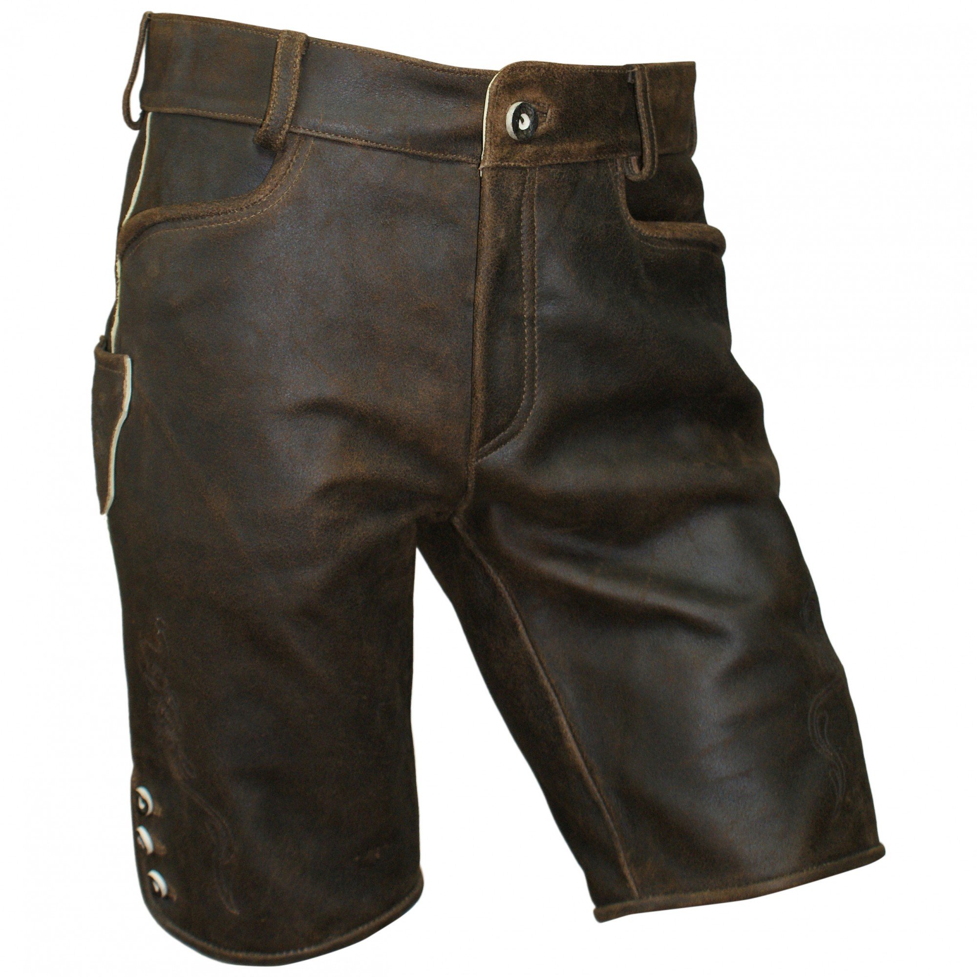 Lederhose kurz braun speckig Antik-Patina Trachten Leder Hose Trachtenlederhose Reißverschluß Zipp Hornknöpfe weiches Wildbockleder Herren (auch Damen) Freizeit und Wandern