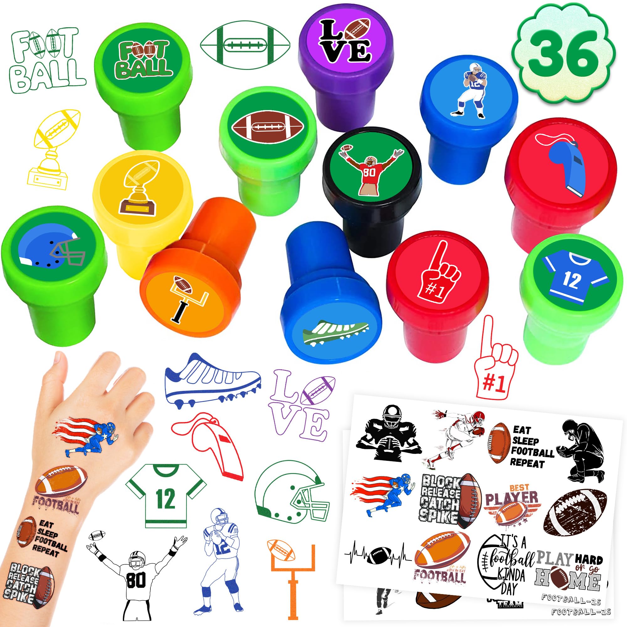 36PCS Football Party Favors - 24PCS Temporary Tattoos & 12PCS Stamps - Ideal Sport Themed Birthday Card Decorations Supplies Goodie Bag Cute Rewards