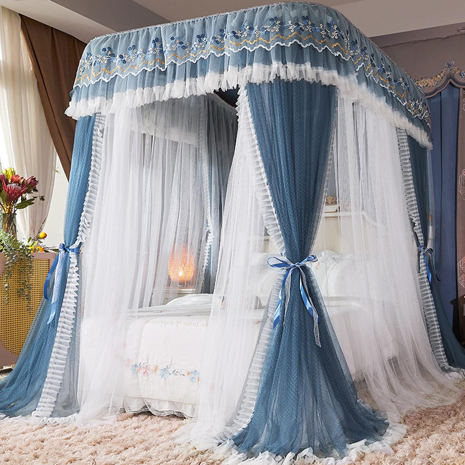 Quadratische Mückennetz, 4-Pfosten Doppelbett Betthimmel, Doppelschichtiges Gemütliches Moskitonetz aus Mesh Stoff, für Schlafzimmer Dekoration C 200 x 220cm